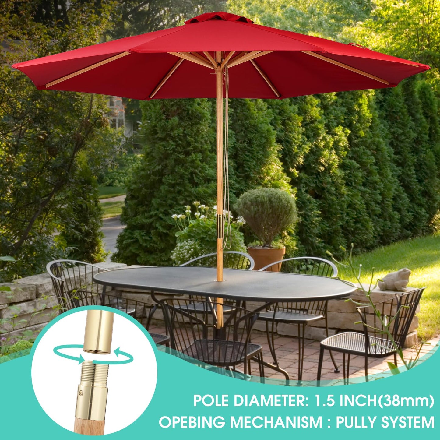 CASUNER 9ft Wooden Umbrella, Outdoor Patio Umbrella, Wood Market Umbrella, Patio Umbrella Wood Pole with Pulley Lift for Garden, Yard, Deck, Pool, Market (RED)