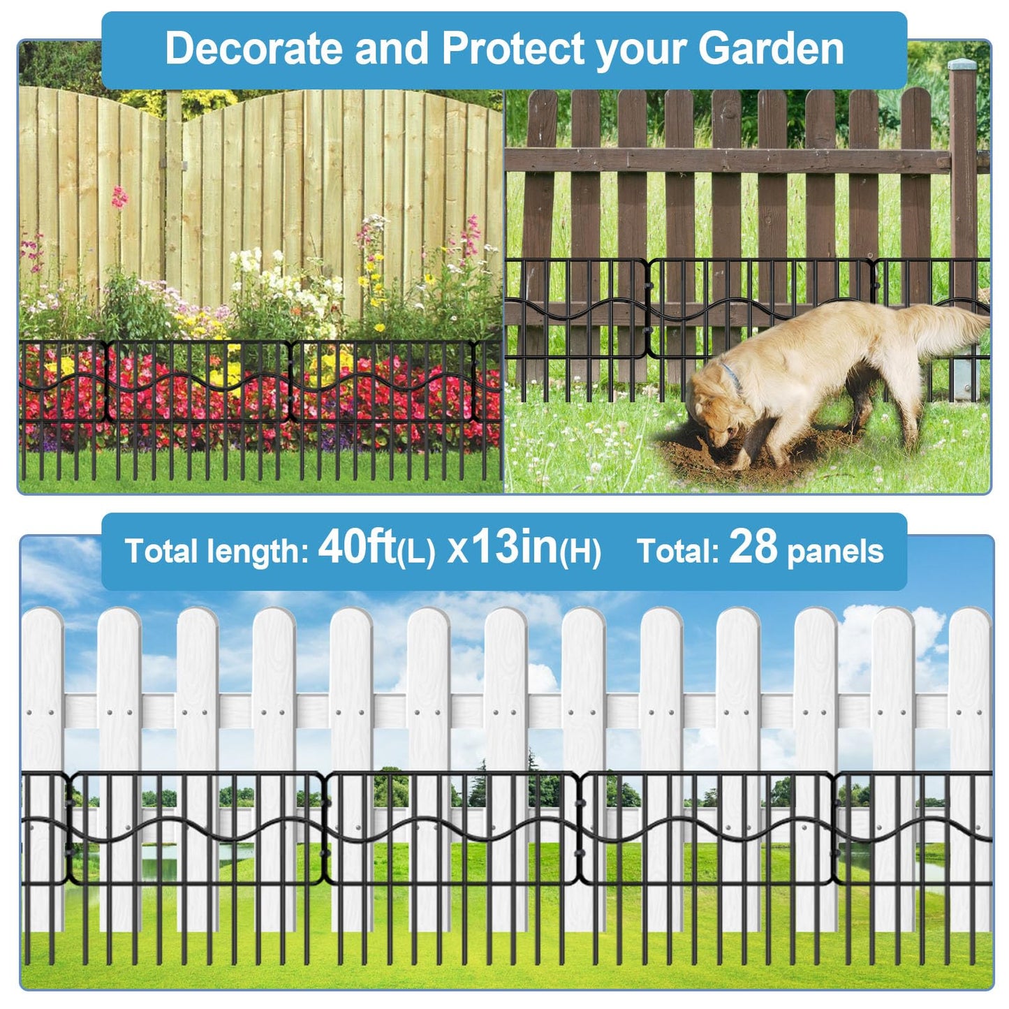 40ft(L) x 13in(H) Garden Animal Barrier Fence, 28panels No Dig Fences, Small Dog Fence Barrier, Animal Barrier Rabbit Fencing Rustproof Metal Decorative Border for Outdoor Garden