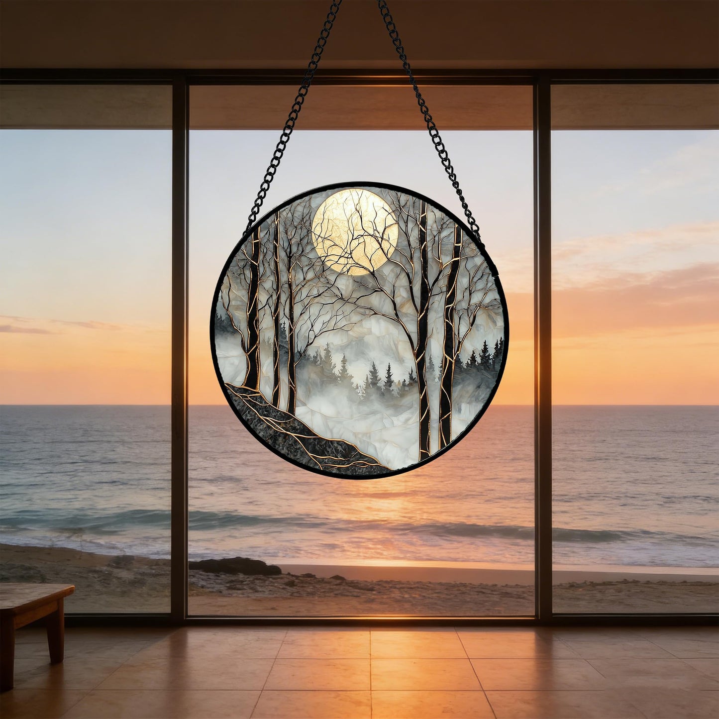 AMDERVEN Stained Glass Window Hanging - Black and White Gold Moon Forest Sun Catcher for Door Home Decor Suncatcher Christmas Mother's Day Birthday Gifts for Women Men Lovers Mom Nana 7.8 in