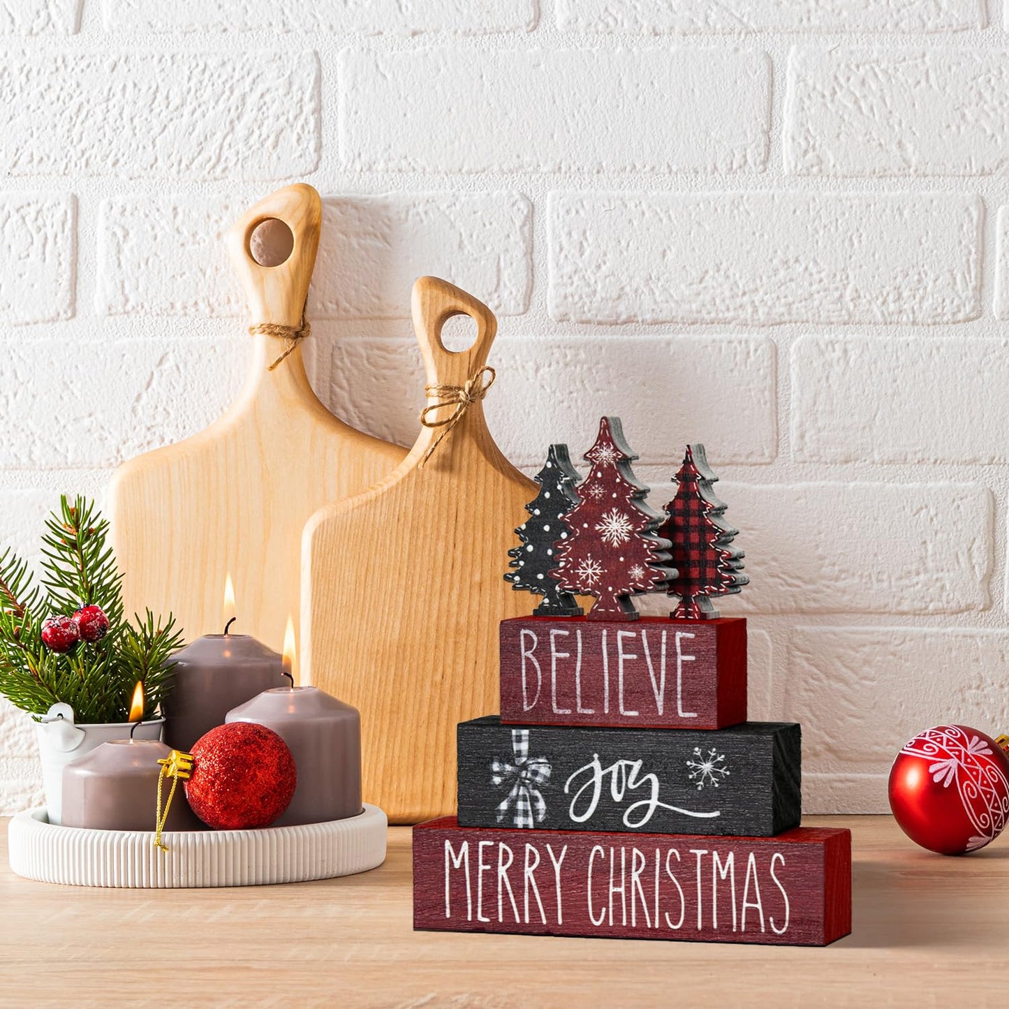 Smile 4 Pcs Merry Christmas Signs, Wooden Tabletop Decor, Believe Joy Xmas Trees, Ornaments for Home Shelf Mantel Fireplace.