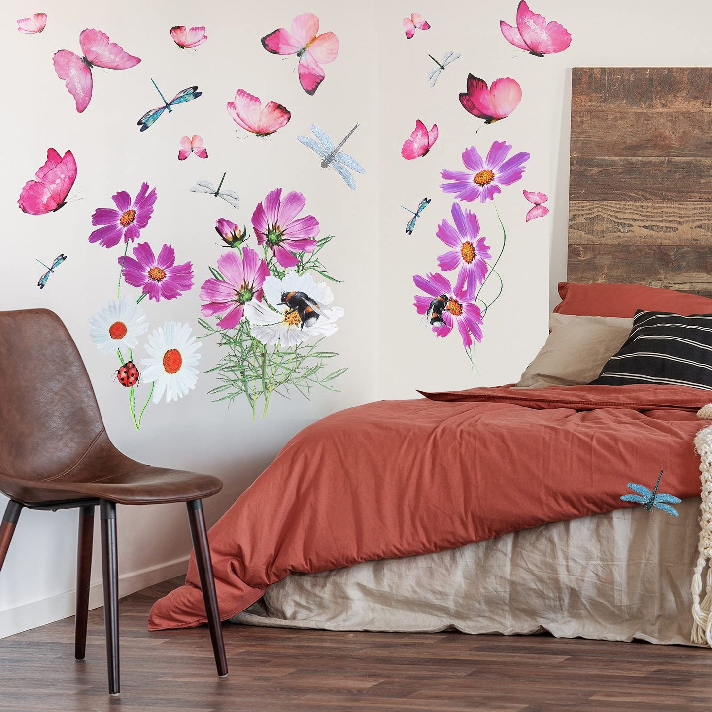 Zonon 64 Pcs Flowers and Butterflies Wall Decals, Wildflower Butterfly Dragonflies Decals for Wall, Removable PVC Garden Peel and Stick Walls Stickers Murals for Nursery Bedroom Office Decor(Red)