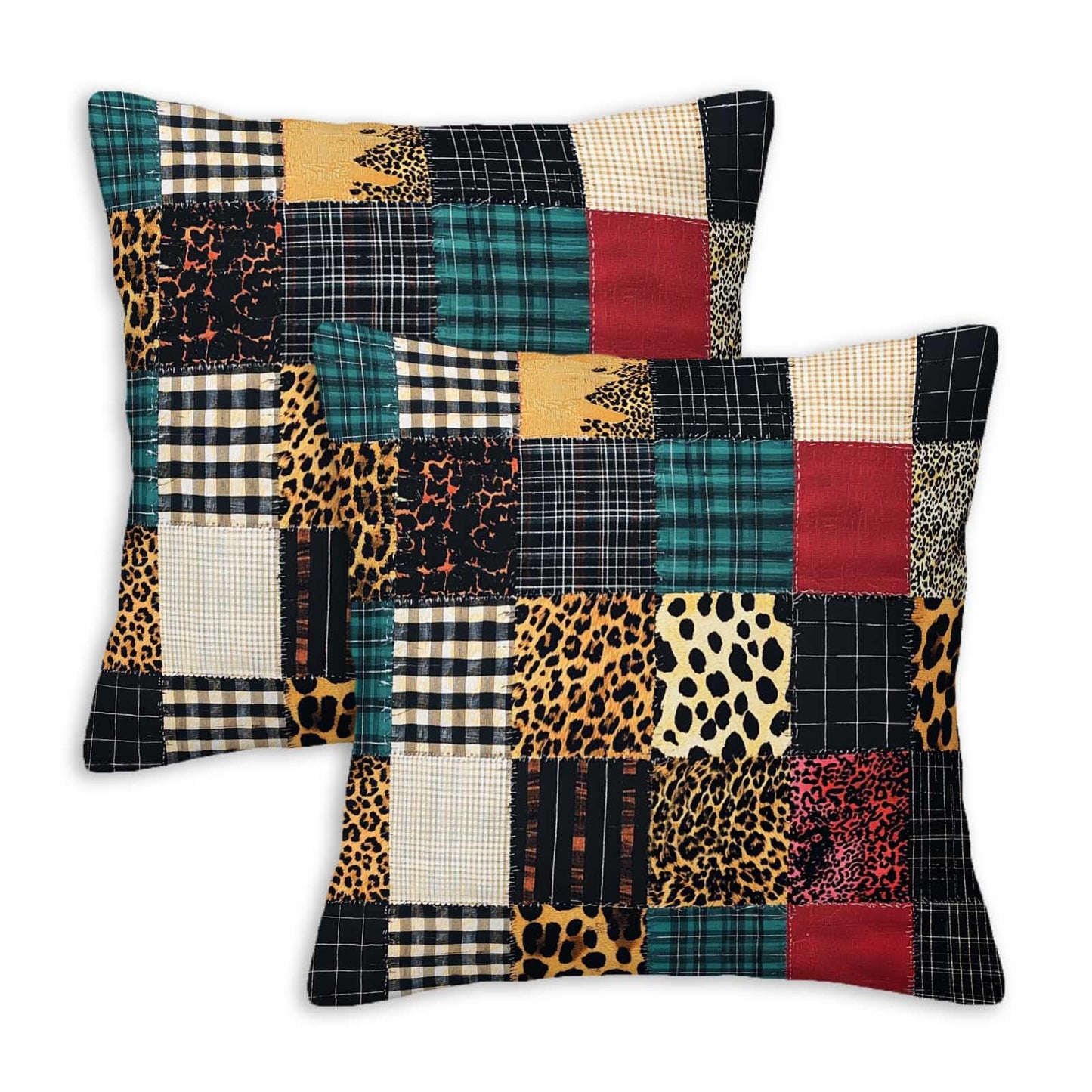 ZibZorp Patchwork Plaid Leopard Pillow Covers 18x18 Set of 2 | Rustic Decorative Cushion Cases | Mixed Pattern Pillowcases | Eclectic Throw Covers for Sofa Living Room Bedroom Decor