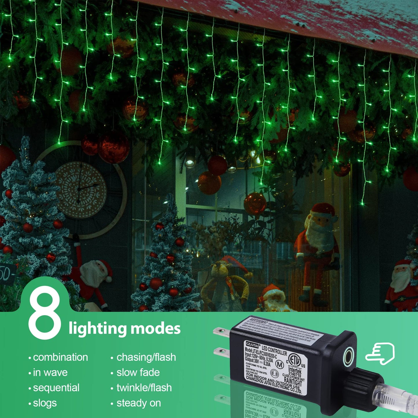 Qunlight 300LED Icicle Lights for Outside,Green Curtain Lights for St Patrick Day,8 Modes with 30V Plug in for Wedding, Party,Bedroom,Home,Garden,Outdoor,Indoor Wall,Christmas Decorations,Connectable