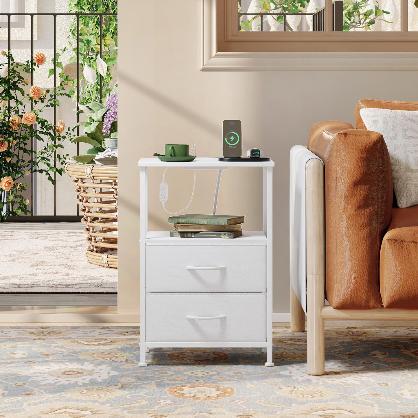 Somdot White Nightstand with Charging Station and LED Light for Bedroom, 2 Drawers Dresser with Fabric Bins for Bedside Kids Dorm Room Closet Laundry Entryway, White Leather