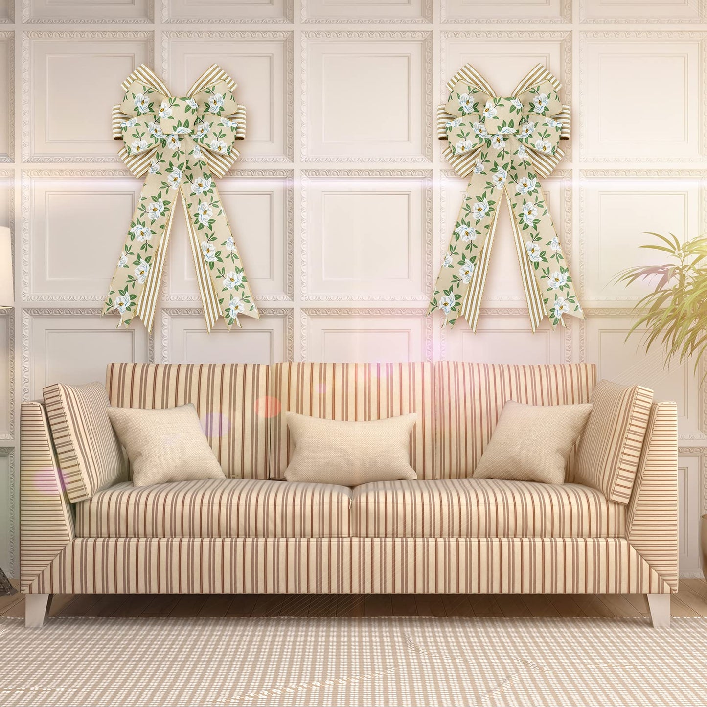 Whaline 2 Pack Spring Flower Wreath Bow Magnolia Floral Rustic Burlap Wired Edge Bow 11 x 21 Inch Large Spring Summer Farmhouse Wreath Bows Decor for Indoor Outdoor Wall Home Party Decoration