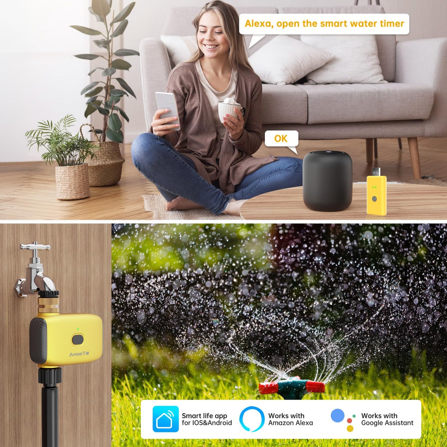 AnseTo WiFi Water Timer for Garden WiFi Sprinkler Timer Outdoor, Irrigation Timers 1 Outlet Brass Inlet WiFi Hose Timers with APP Remote Control/Rain Delay/Manual for Garden/Lawn/Yard Watering System