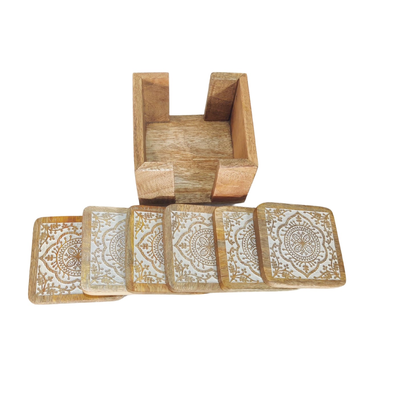 VANIYA CRAFTS® Handmade Wooden Coasters for Drinks with Holder for Coffee Table, Hot Drinks, Beverages, Housewarming Gift (Natural White Finish) (Natural White)