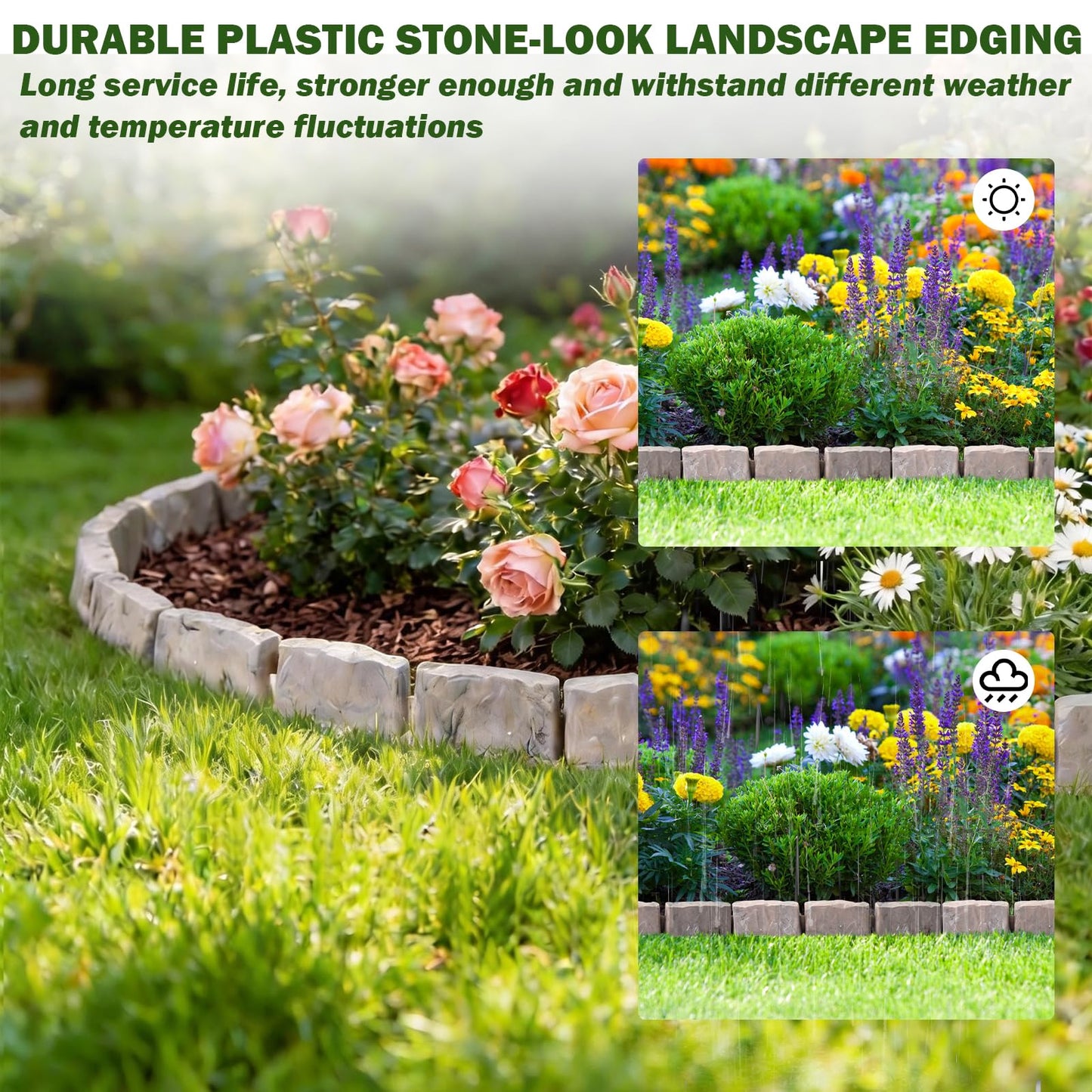 Landscape Edging Faux Stone Garden Edging Border,17FT x 2.75 in Tall Decorative Stone-Look Garden Border for Flower Bed Edging,Lawn,Landscaped Yard,Trees and Gardens,with Anchoring Spikes,Brown