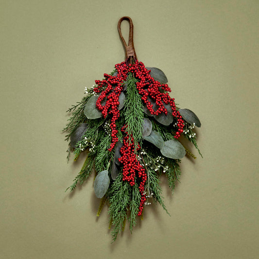 LampLust Swag for Front Door, 18 Inch Greenery with Eucalyptus and Red Berry, Teardrop Swag for Decorating, Indoor Hanging Decor for Entryways, Door or Stairways, Spring Decor, Table Centerpiece