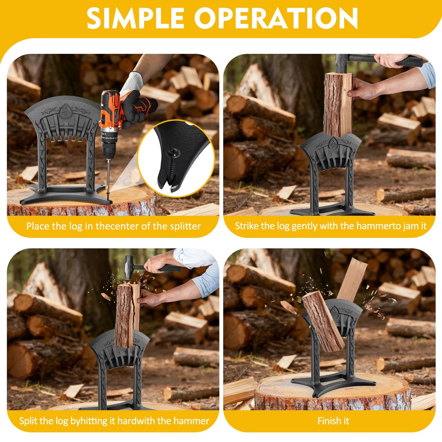 BAYQISI Kindling Splitter for Wood,One-Piece Molding Cast Iron Log Splitter,Manual Wood Splitter with 3 Lbs Sledge Hammer,Firewood Splitter Tool（Medium-Sized）