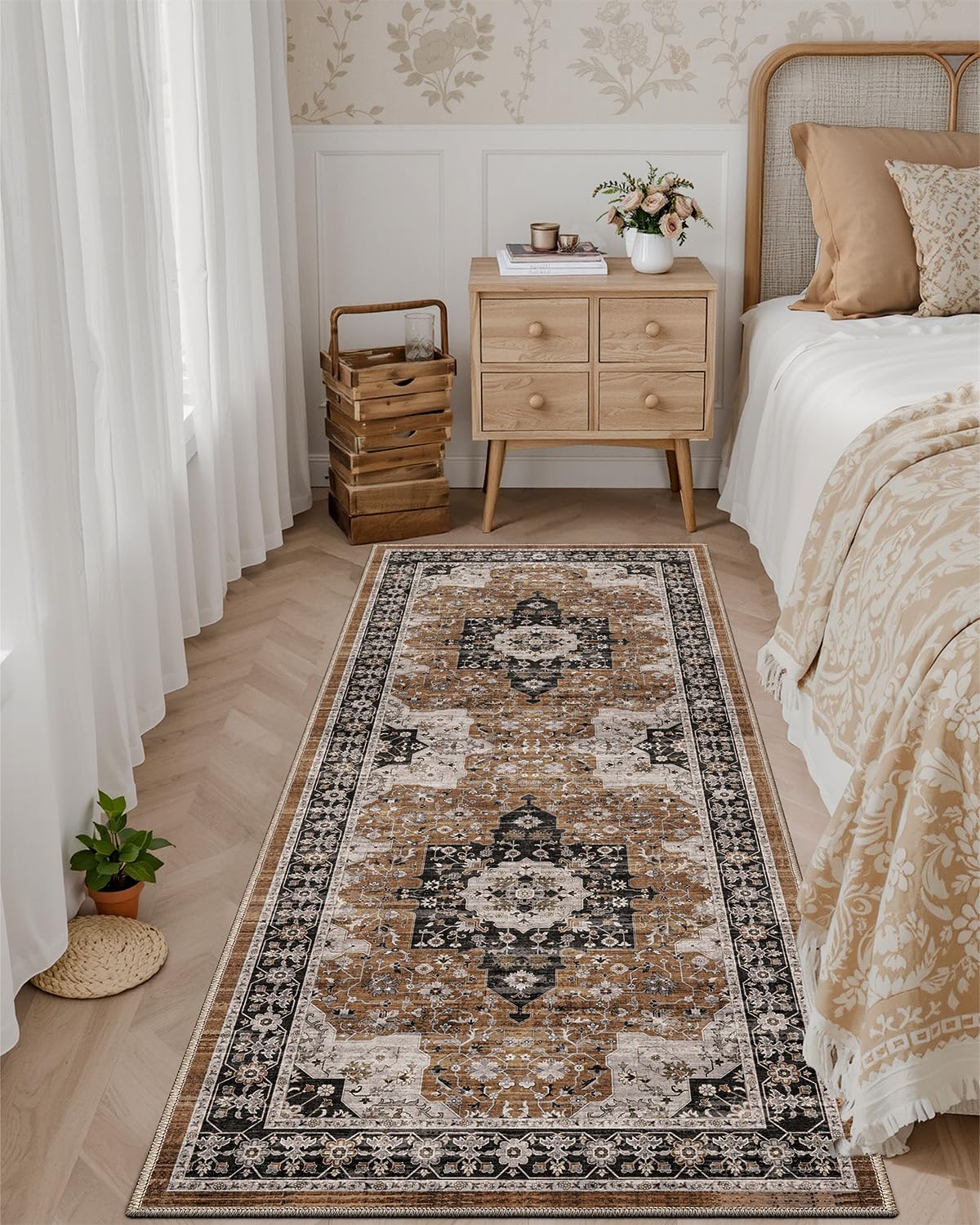DEXI Hallway Washable Runner Rug 3x7, Vintage Farmhouse Thin Kitchen Runner with Non Slip Backing, Soft Entryway Floor Rug, Stain Resistant Distressed Carpet for Bedroom Living Room, Brown
