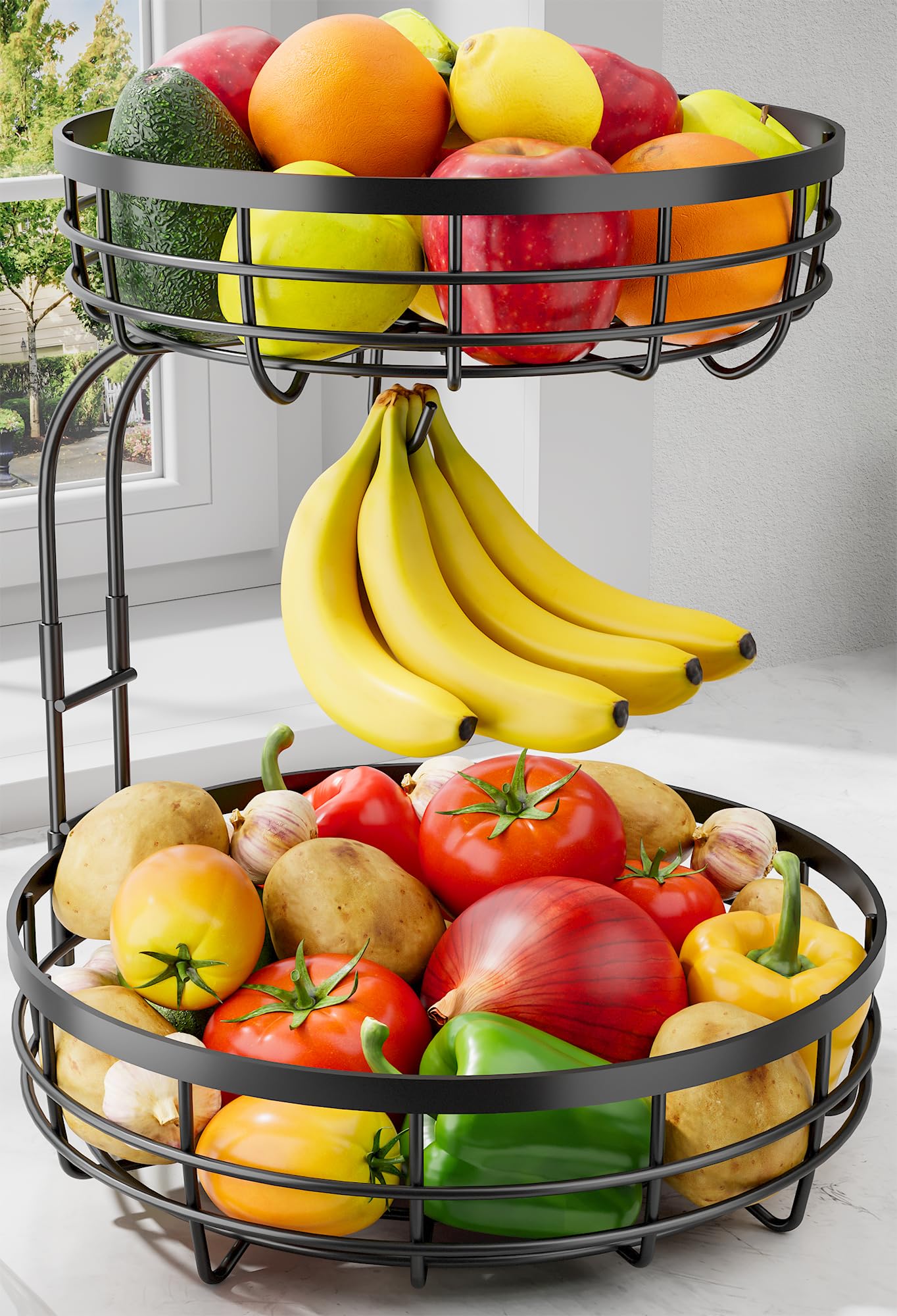 Sakugi Fruit Basket for Kitchen Counter - 2-Tier Large Capacity Fruit Bowl with Detachable Banana Hanger, Rust-Proof Metal Fruit Holder for Vegetables, Bread, Toiletry,10" D x 10" W x 14" H, Black