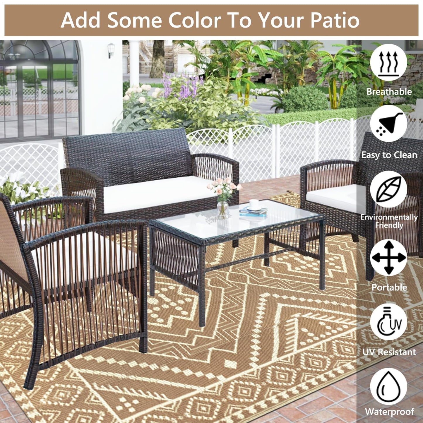 VSIWB Waterproof Outdoor Rug 5x8 ft, Reversible Plastic Straw Mat, Large Floor Mat for Patio, Camping, Picnic, Backyard RV, Deck, Beige