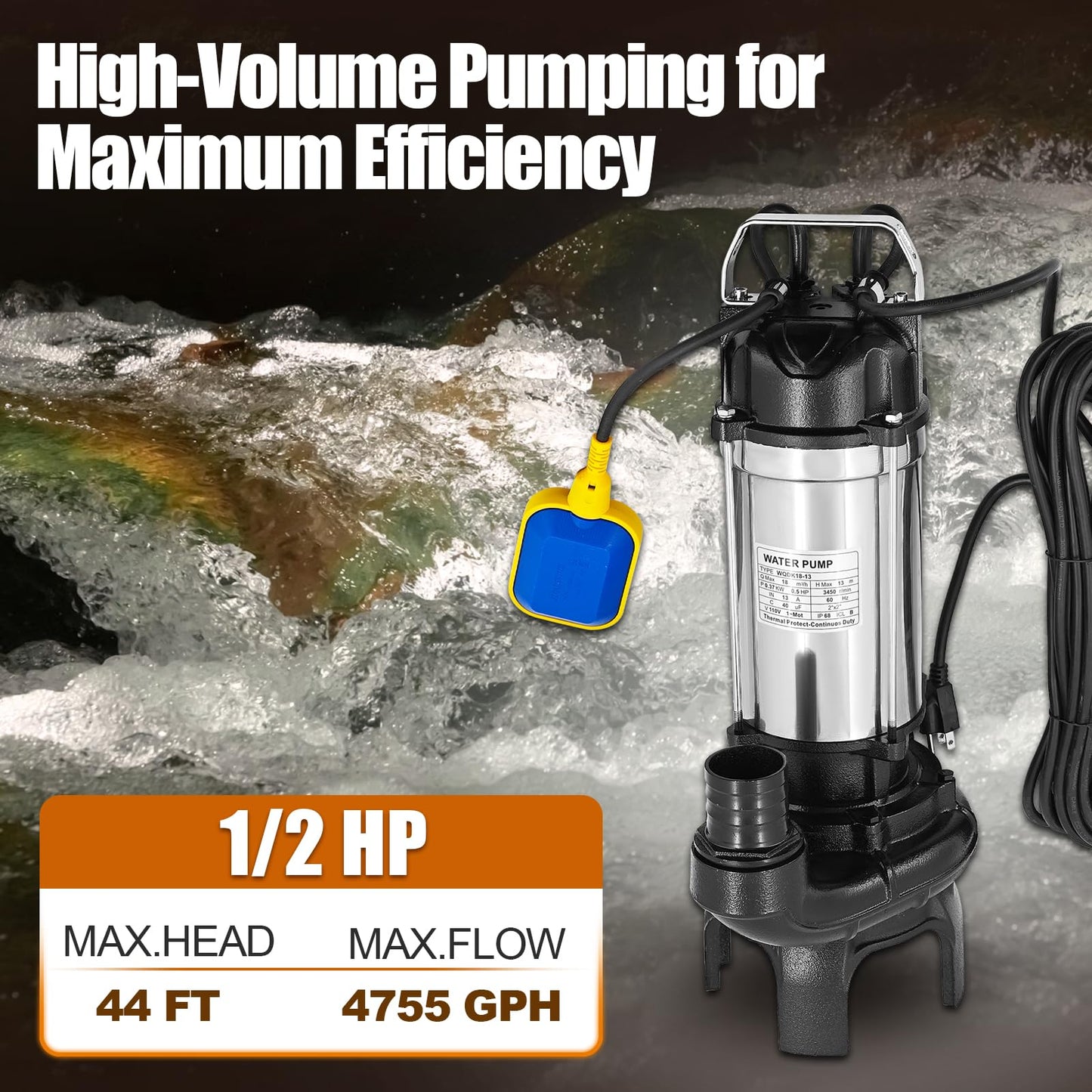 4PN 1/2 HP Submersible Sump Pump With Float Switch Replacement for Tsurumi Pump 4-PN 50PN2.4S Pond Waterfall Pump, Cast Iron and Stainless Steel, 4755 GPH, 2" Discharge, H Max 44ft
