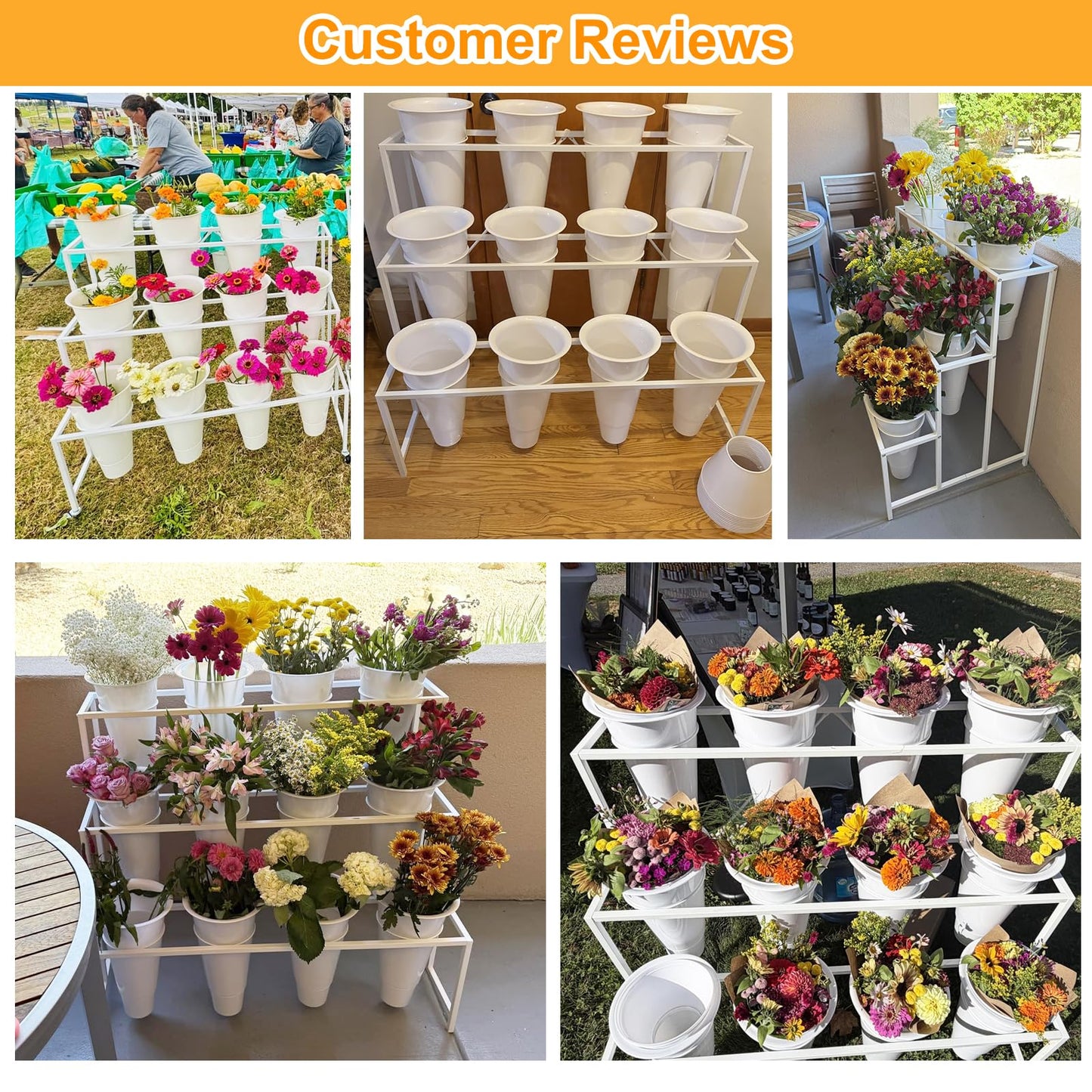NEYCIL Flower Stand, 3-Tier Flower Display Stand with Buckets for Indoor Outdoor, Flower Cart Display Stand with Wheels for Courtyard, Balcony, Flower Shop, Wedding, Party, Exhibition (White)