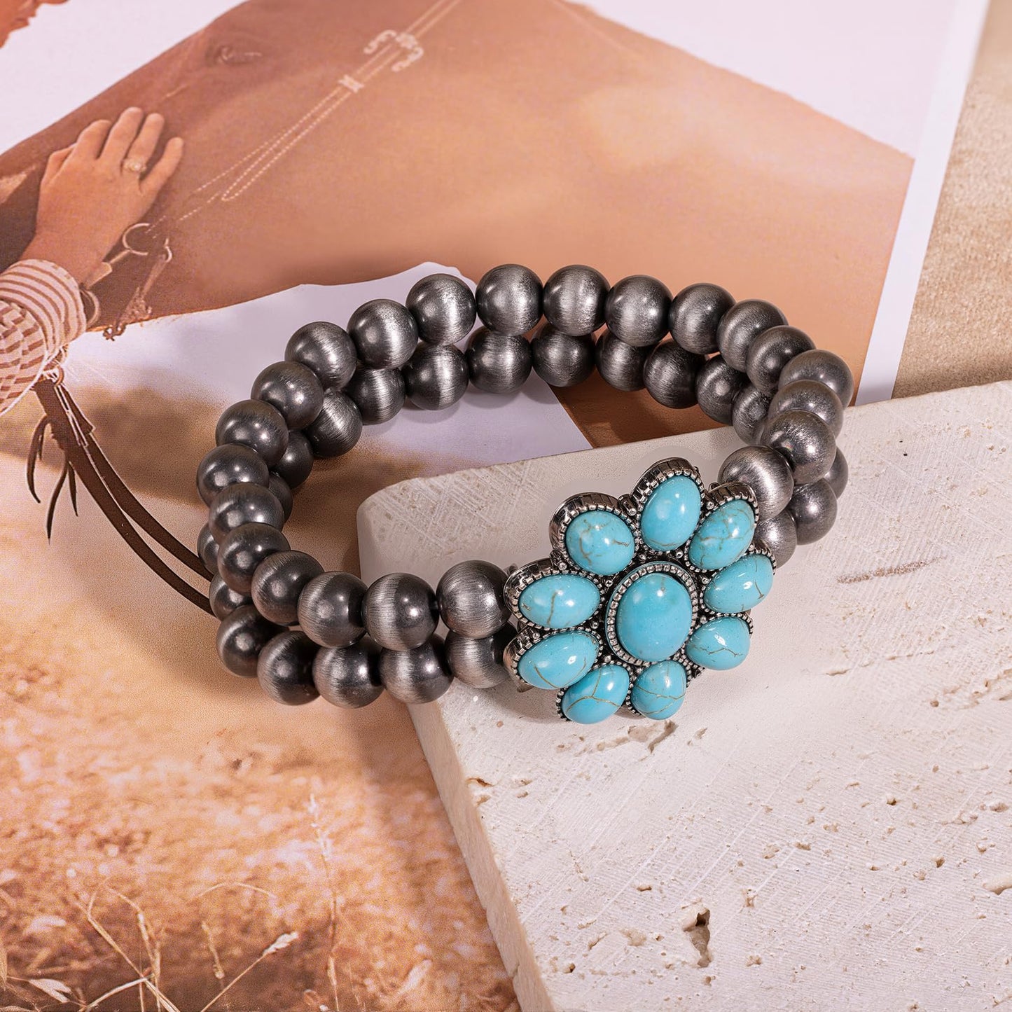 Montana West Rustic Couture's Jewelry Western Navajo Beaded Turquoise Cuff Bangle Bracelets Bohemian Vintage Elastic Bracelet for Women Cowgirl RCW-WH05TQ