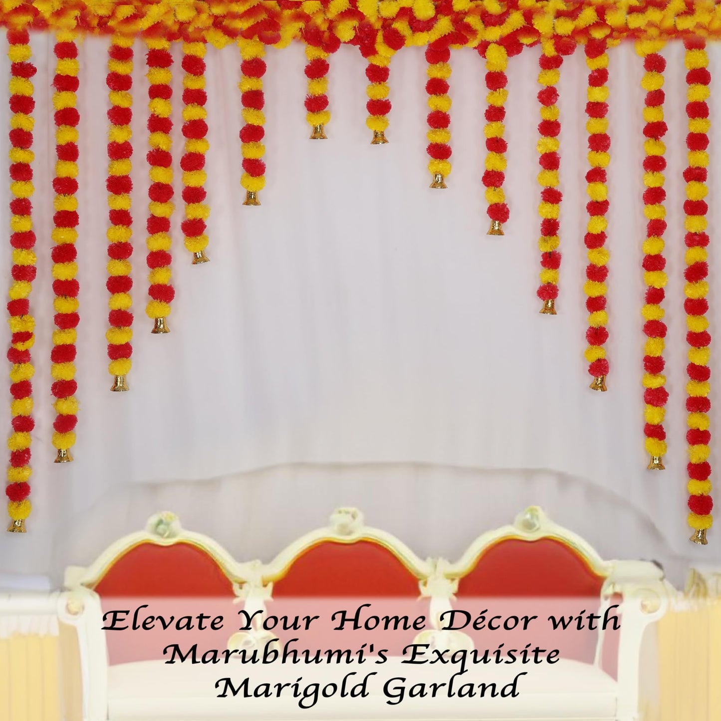 Marubhumi 5-PC Artificial Marigold Flower Garland – 4.5 Feet Long Strands with Bells | Yellow & Red | Diwali, Wedding, Home & Christmas Décor
