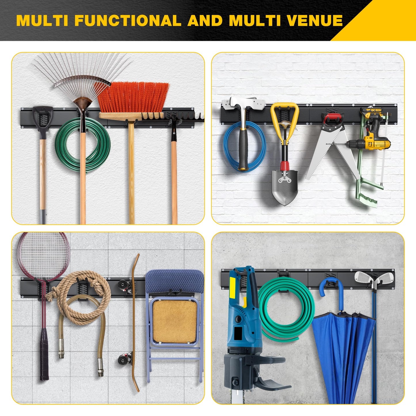 Garage Tool Organizer Wall Mount with 32 inches Rails and Adjustable Heavy-Duty Hooks, Garden Tool Organizer, Carries 300 lbs, Heavy Duty Garage Storage Rack For Yard, Shed, Workshop, Easy to Install
