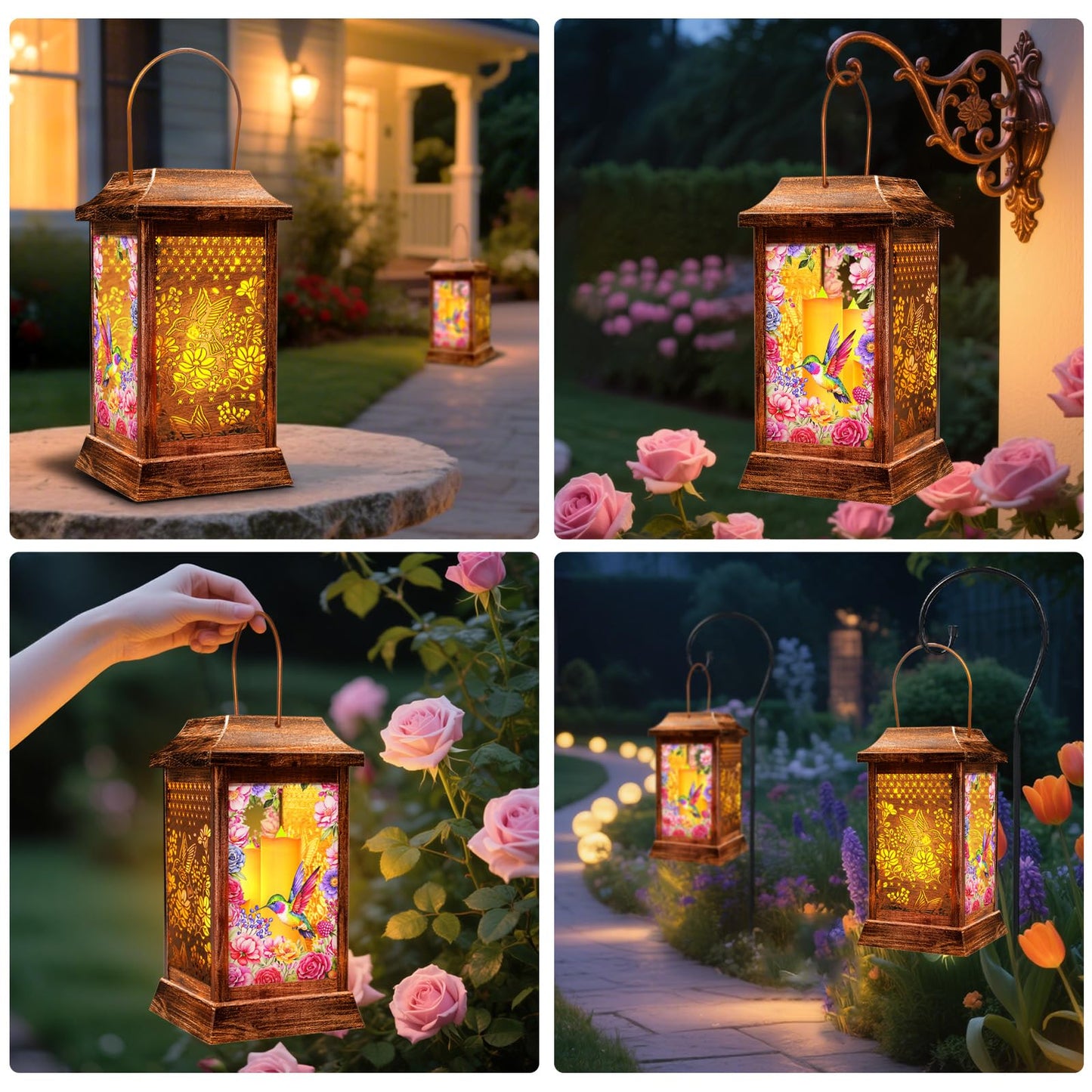 Hummingbird Solar Lanterns Outdoor Hanging Lanterns, Metal Glass Garden Decor Solar Lights, Gifts for Women Mom Birthday Grandma Mothers Day, Waterproof Decorative Lantern for Outside Patio Yard