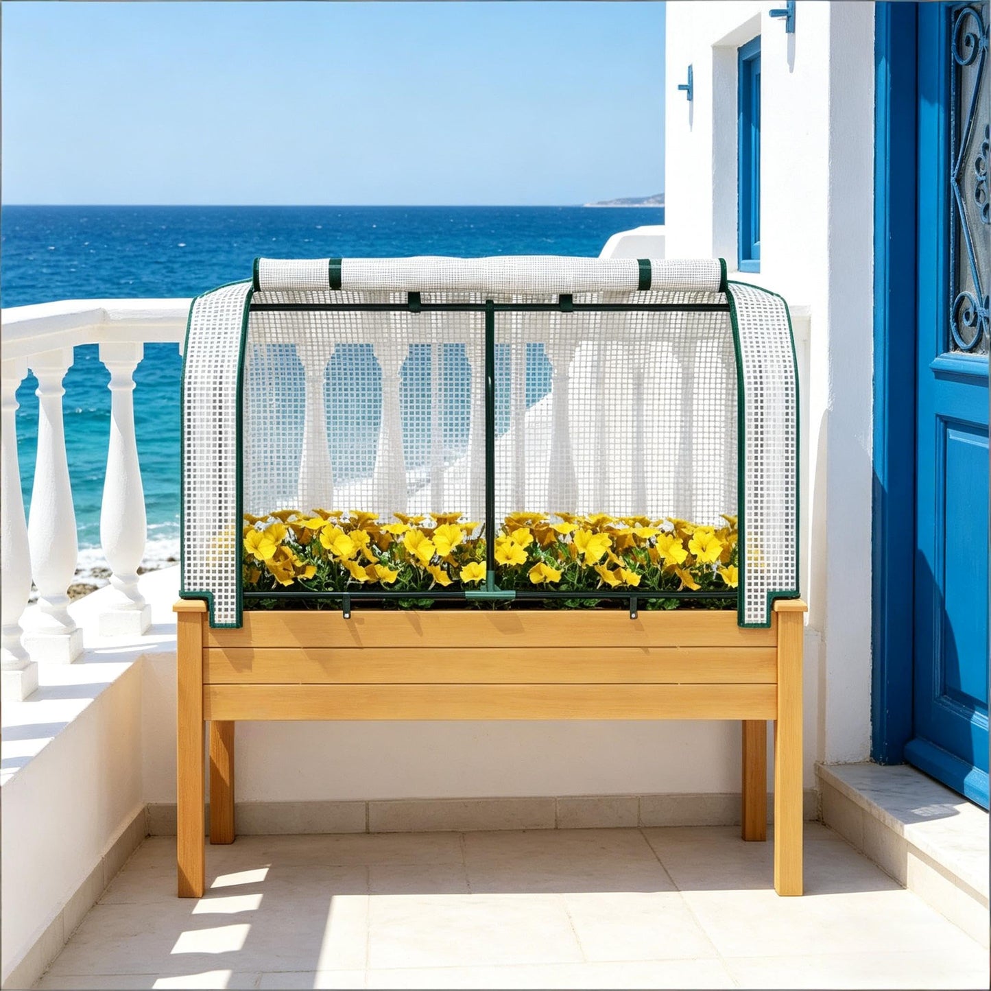 NOXJUQU Raised Garden Bed with Retractable Cover & Small Greenhouse, Elevated Wood Planter Box for Herbs Vegetables Flowers, Suitable for Patio Backyard Balcony Gardening