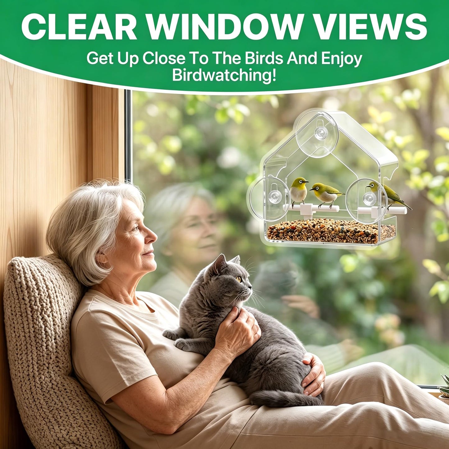 Clear Bird Feeder for Window Acrylic, Window Bird Feeders with Strong Suction Cups, Suction Cup Bird Feeder for Garden, Yard, Elderly Kids Viewing Wild Birds Outside, as a Bird Watching Gift