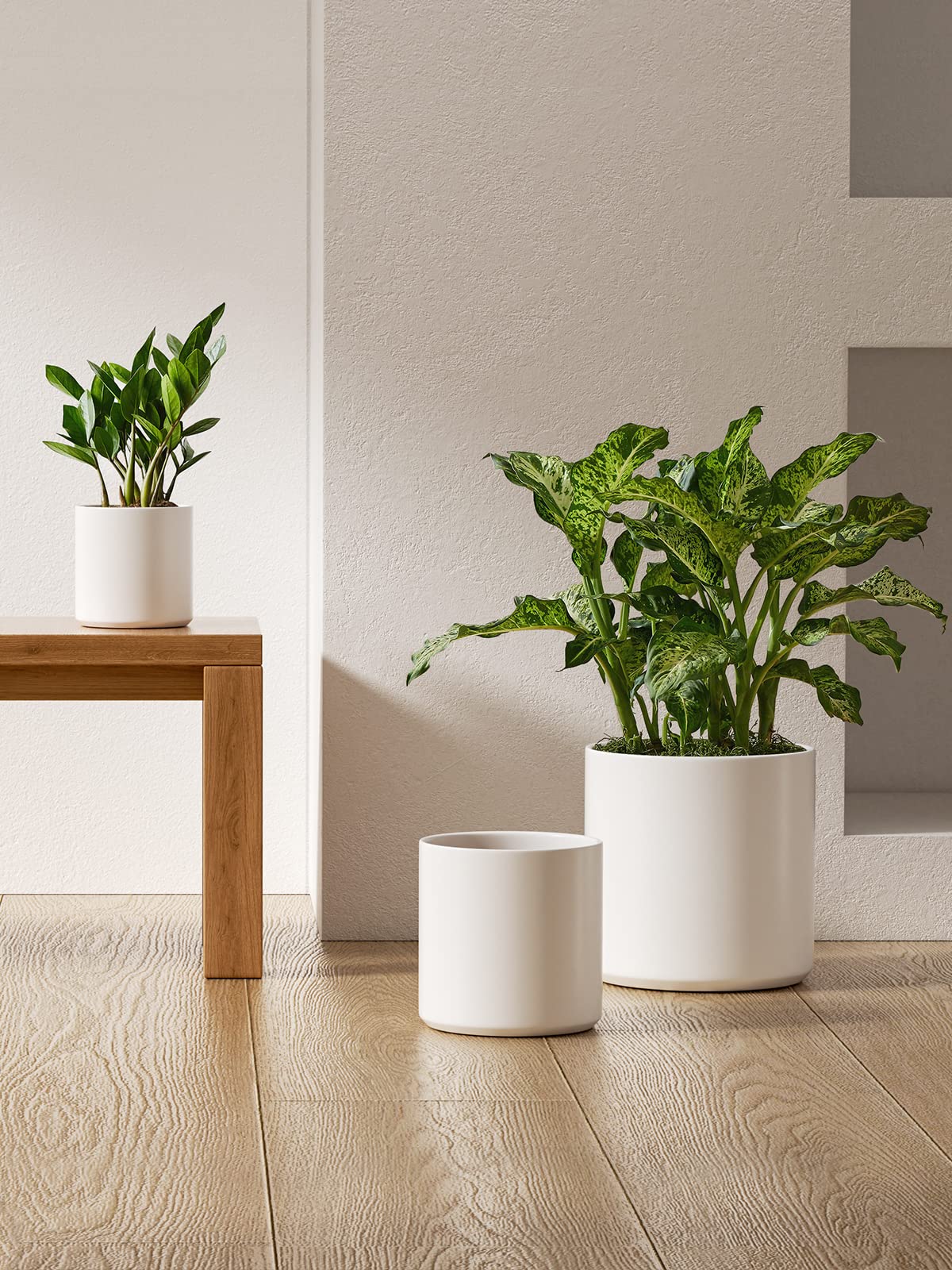 LE TAUCI Ceramic Pots for Plants, 10/8/6 Inch Indoor Planters with Draiange Hole, Silicone Plug & Mesh Pad, Modern Minimalist Pots for Home Office, Set of 3, Satin, White