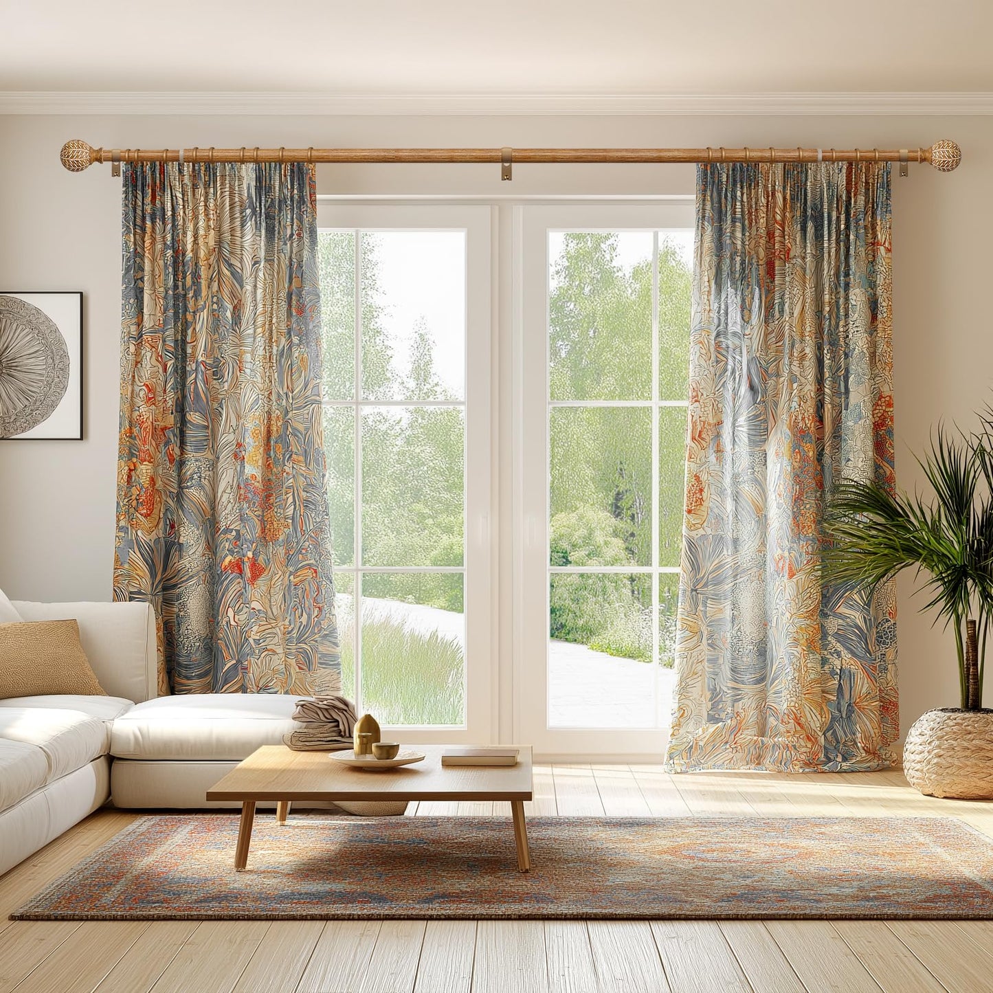 QDWIS Wood Curtain Rods for Windows 48 to 84 Inch,1'' Diameter Drapery Rods with Imitation Wood Grain Leaf Pattern Finials,Boho Adjustable Heavy Duty Curtain Rods Set,36-88'',Color:Natural Wood