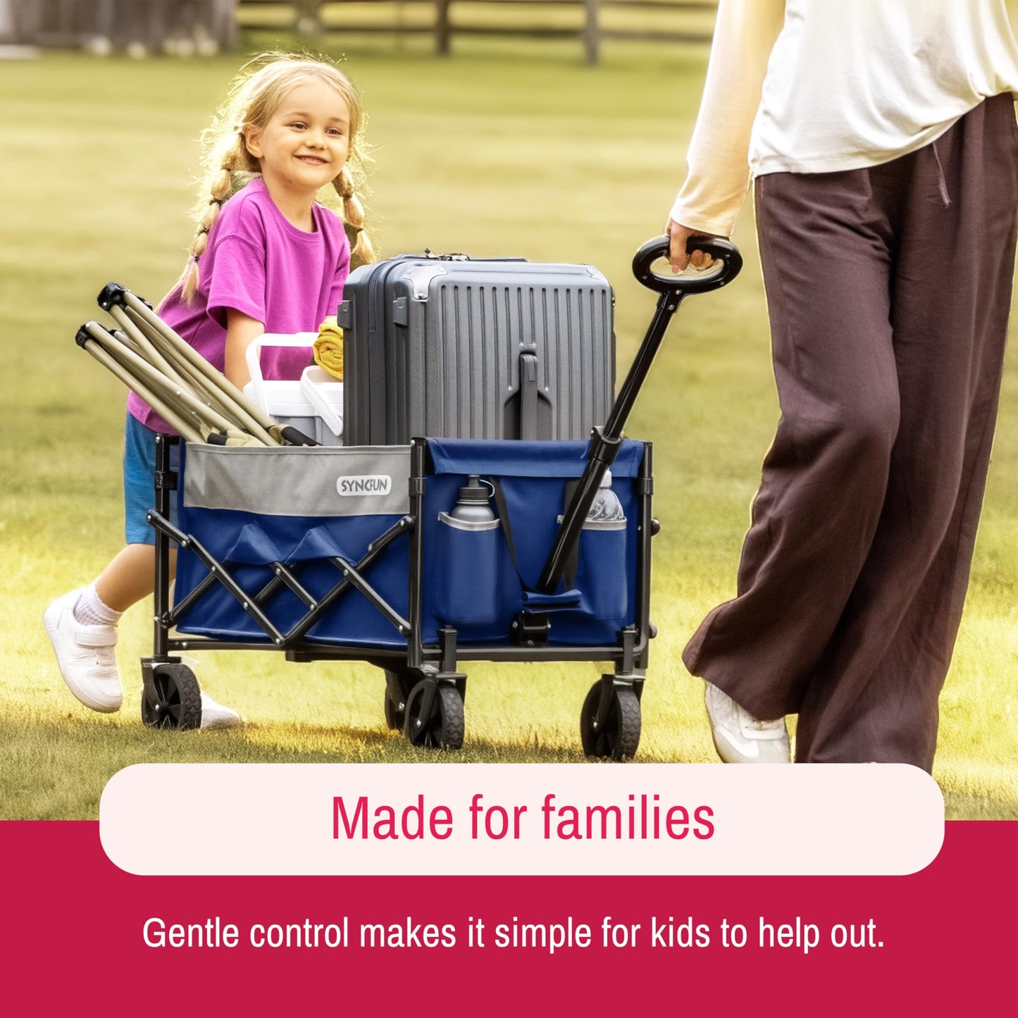 SYNCFUN Collapsible Wagon Cart Foldable 300lbs, Portable Rolling Shopping Carts on Wheels, Folding Sport Beach Wagons All Terrain, Heavy Duty Garden Utility Cart for Groceries Fishing, Blue