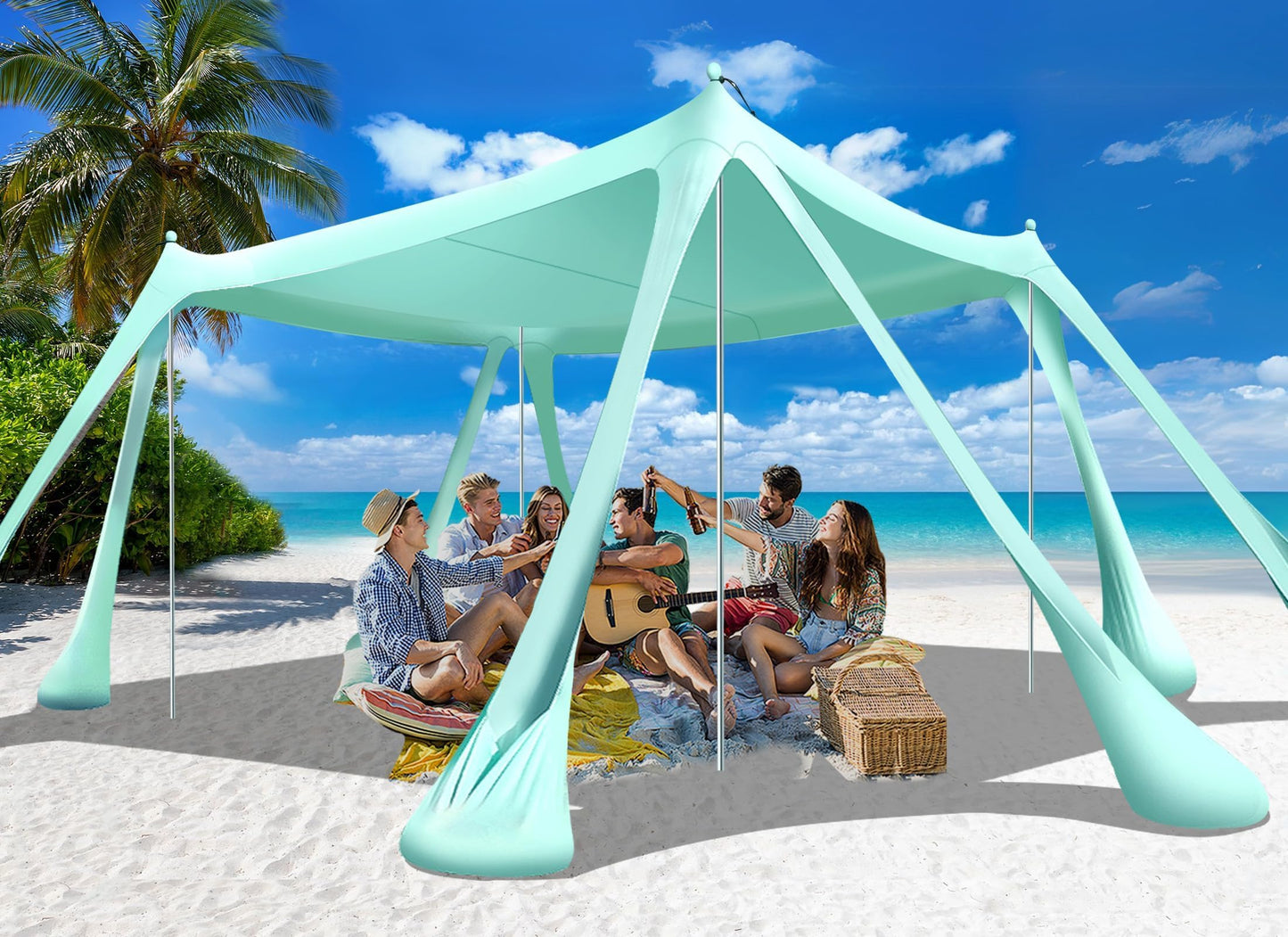 Ahititi Beach Tent Sun Shelter Beach Canopy Tent Sun Shade Pop Up 10x10 UPF50+ with 8 Sandbags-2 Sand Shovel-Portable 4 Aluminum Poles-Ground Pegs-Easy Setup for Outdoor Family Camping Fishing Picnic