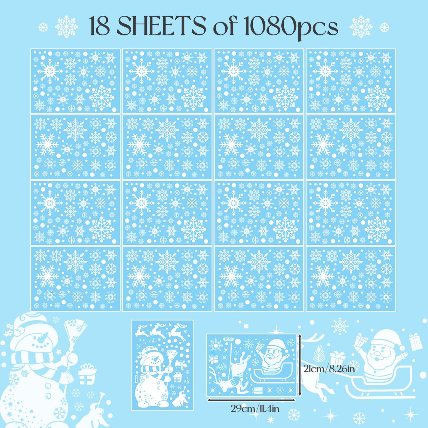 SNAIL GARDEN 1080PCS Christmas Window Clings, 12"-0.3" Christmas Window Stickers for Smooth Surface, Winter Wonderland Decorations for Xmas Holiday Window Decorations