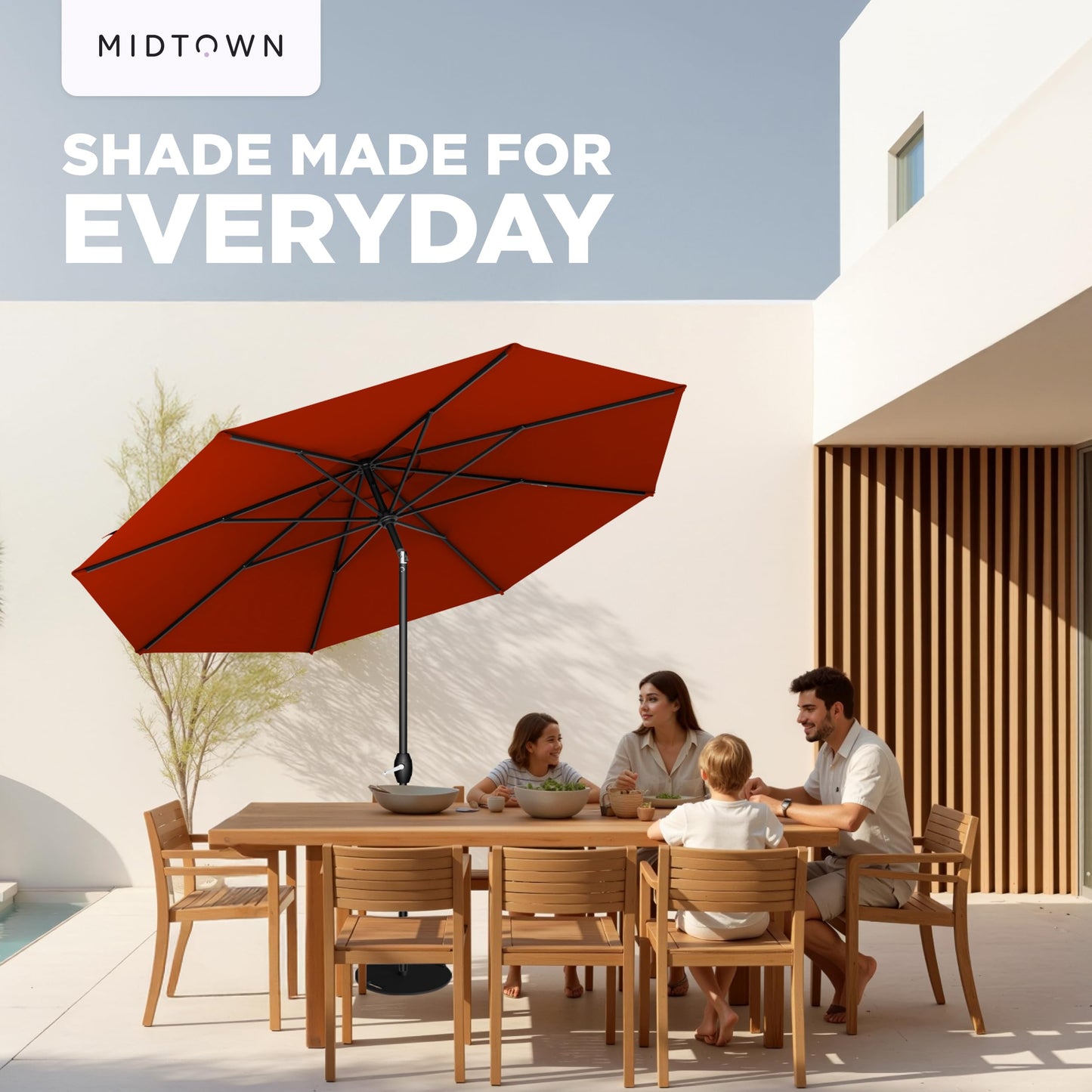 Midtown Umbrellas - 10-Year-No-Fade 10 Ft Patio Umbrella with Terylast Fabric, Auto-Tilt Aluminum Frame and 8 Reinforced Ribs for Deck, Pool, Garden & Beach - Apple Red Canopy, Black Pole