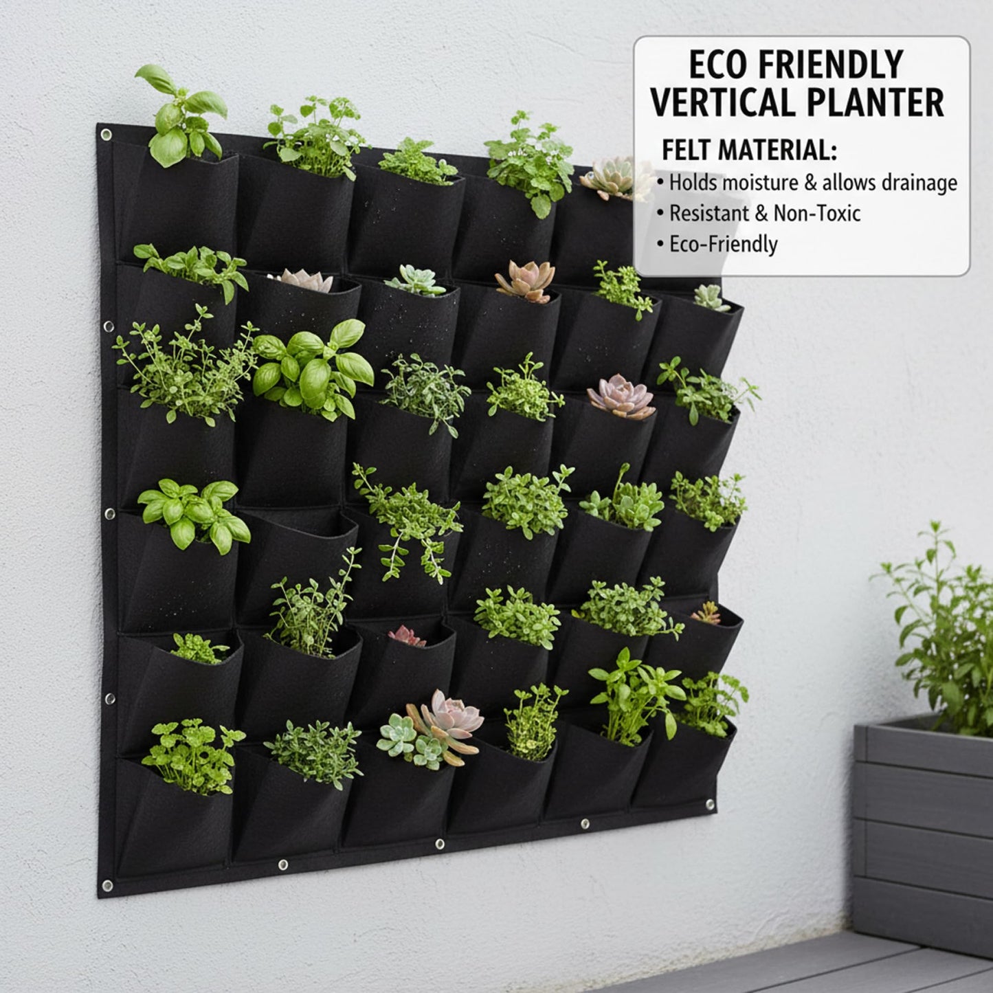Uanqfegy Vertical Garden Planter, 36 Pocket Living Wall Planter - Thick Non-Woven Fabric Planting Bag, 39.4x39.4 Black
