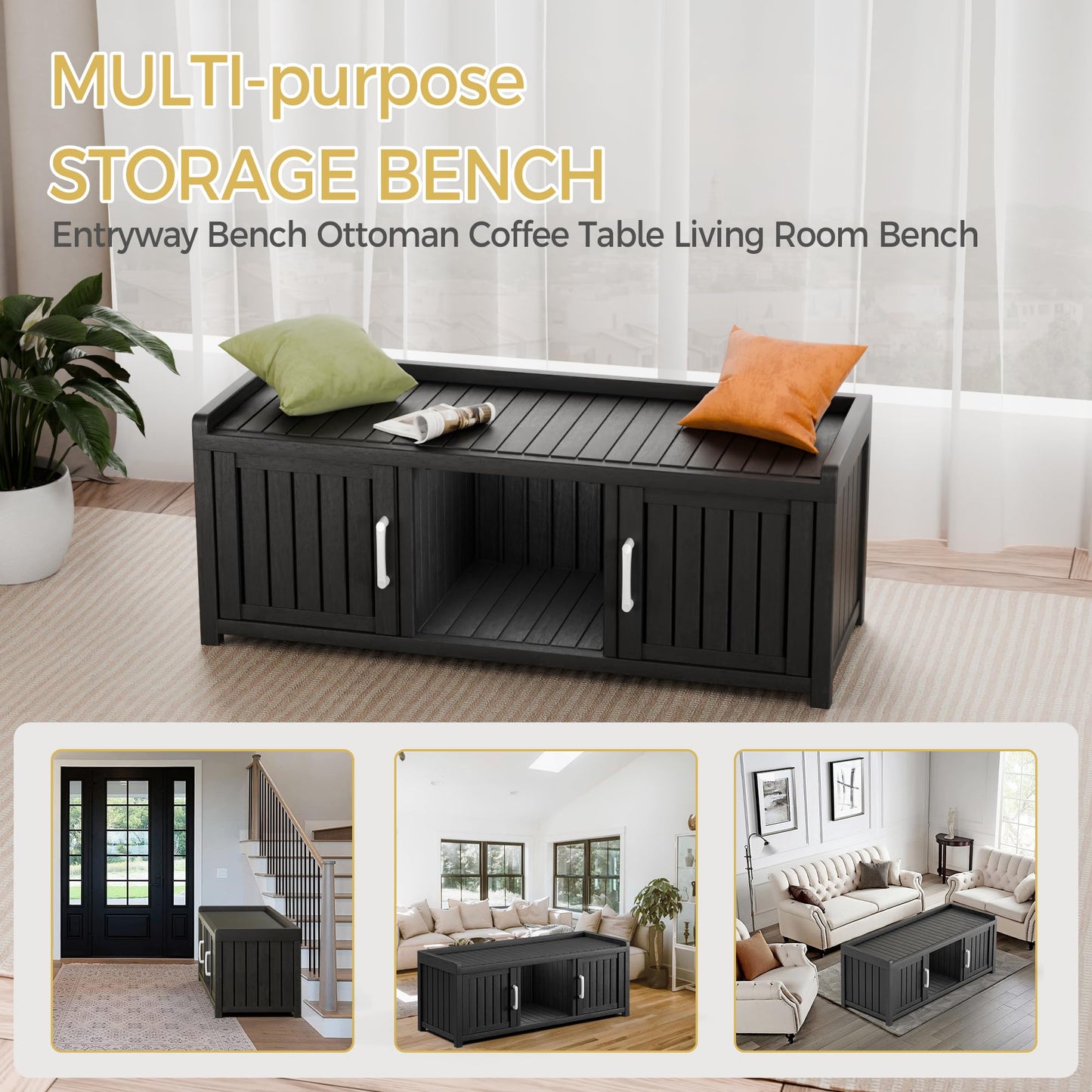 Trygoal Storage Bench - Waterproof Resin Shoe Bench with Adjustable Shelves - Indoor & Outdoor Use, 2 Doors Entryway Bench with Hidden Storage Space - Storage Cabinet for Bedroom, Hallway, Black