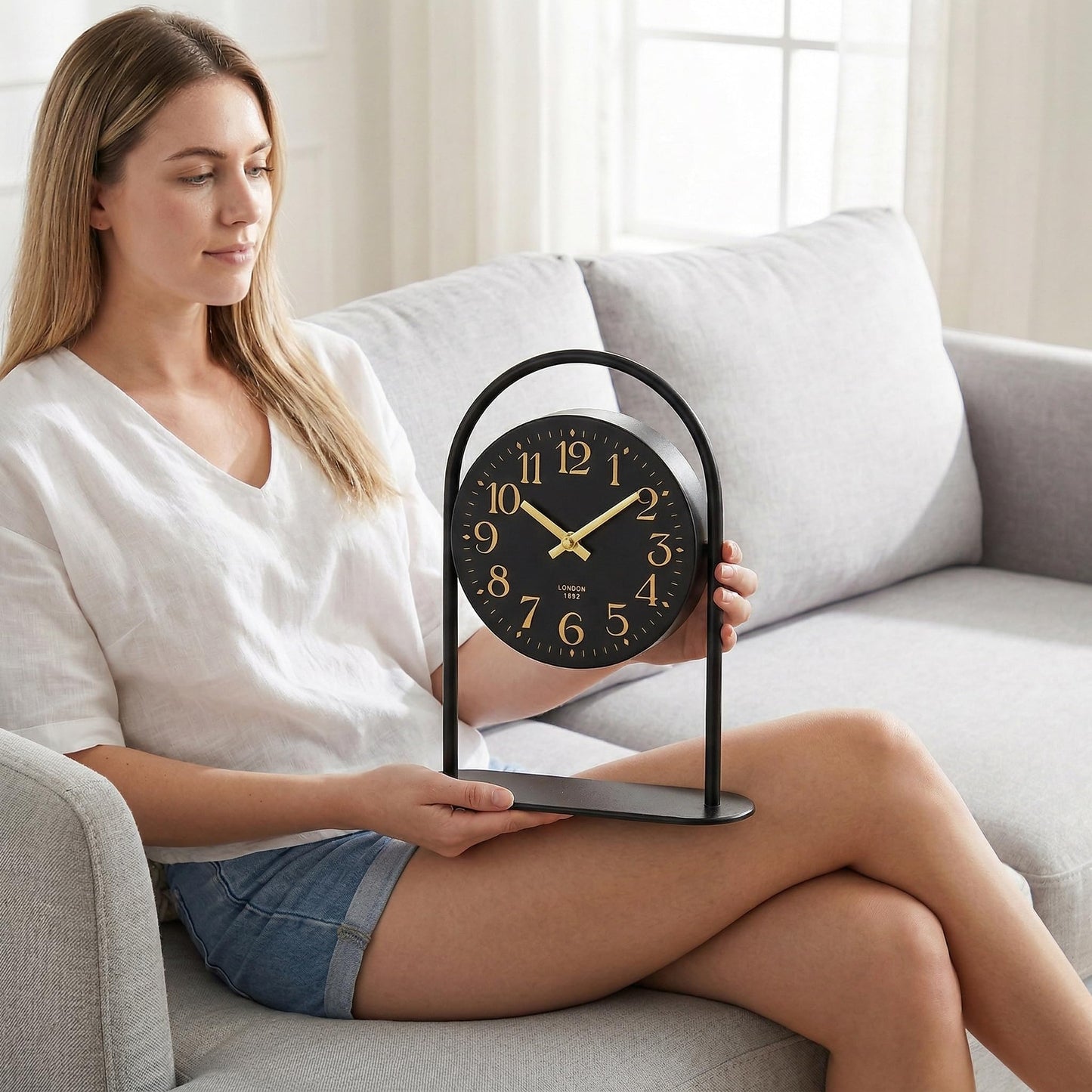 Modern Black Desk Clock - 10.6 Inch Arched Table Clock with Silent Non-Ticking Quartz Movement, Battery Operated Decorative Mantel Clock with Gold Arabic Numerals for Bedroom, Shelf & Office Decor