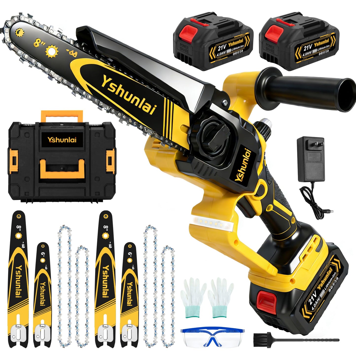 Yshunlai Cordless Mini Chainsaw 8 Inch & 6 Inch, Hand held Small Battery Powered Chain Saw with 2× 4000mAh Batteries, Brushless Electric Chainsaw for Tree Branch Trimming, Wood Cutting, Garden Work