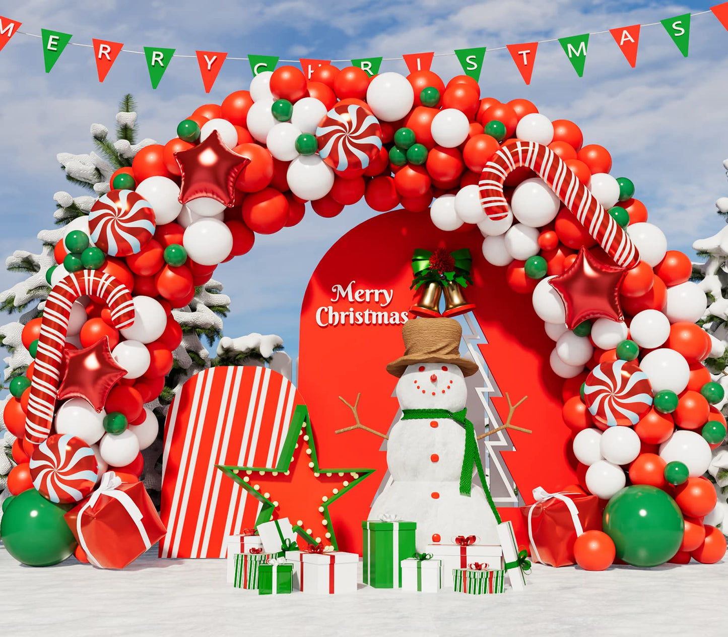 WECEPAR Christmas Balloon Garland Arch kit with Xmas Green Red White Candy Balloons Gift Box Balloons Red Star Balloons for Christmas Party Decorations