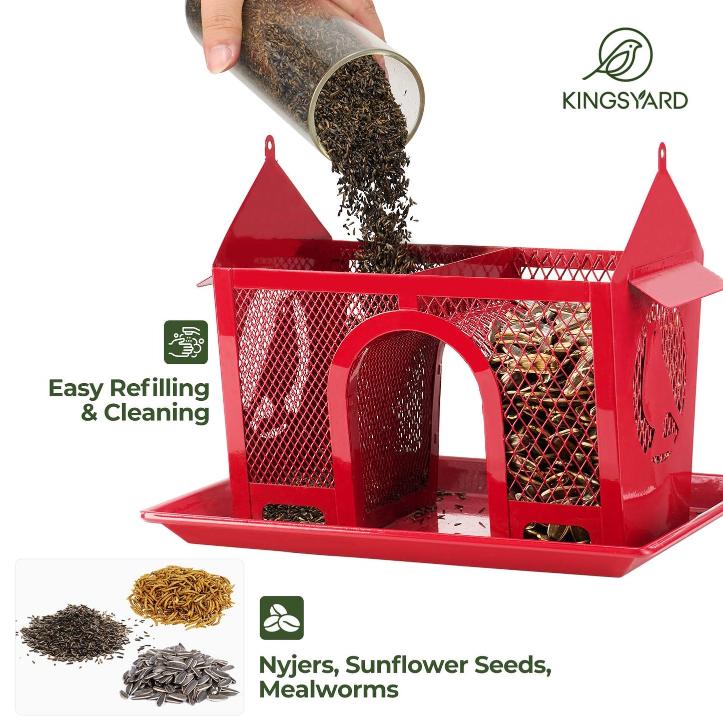 Kingsyard Bird Feeder for Outdoors Hanging, Dual-Use Metal Mesh Wild Bird Feeders with Seed Tray & Weatherproof Roof, 3 lbs Large Capacity, Red
