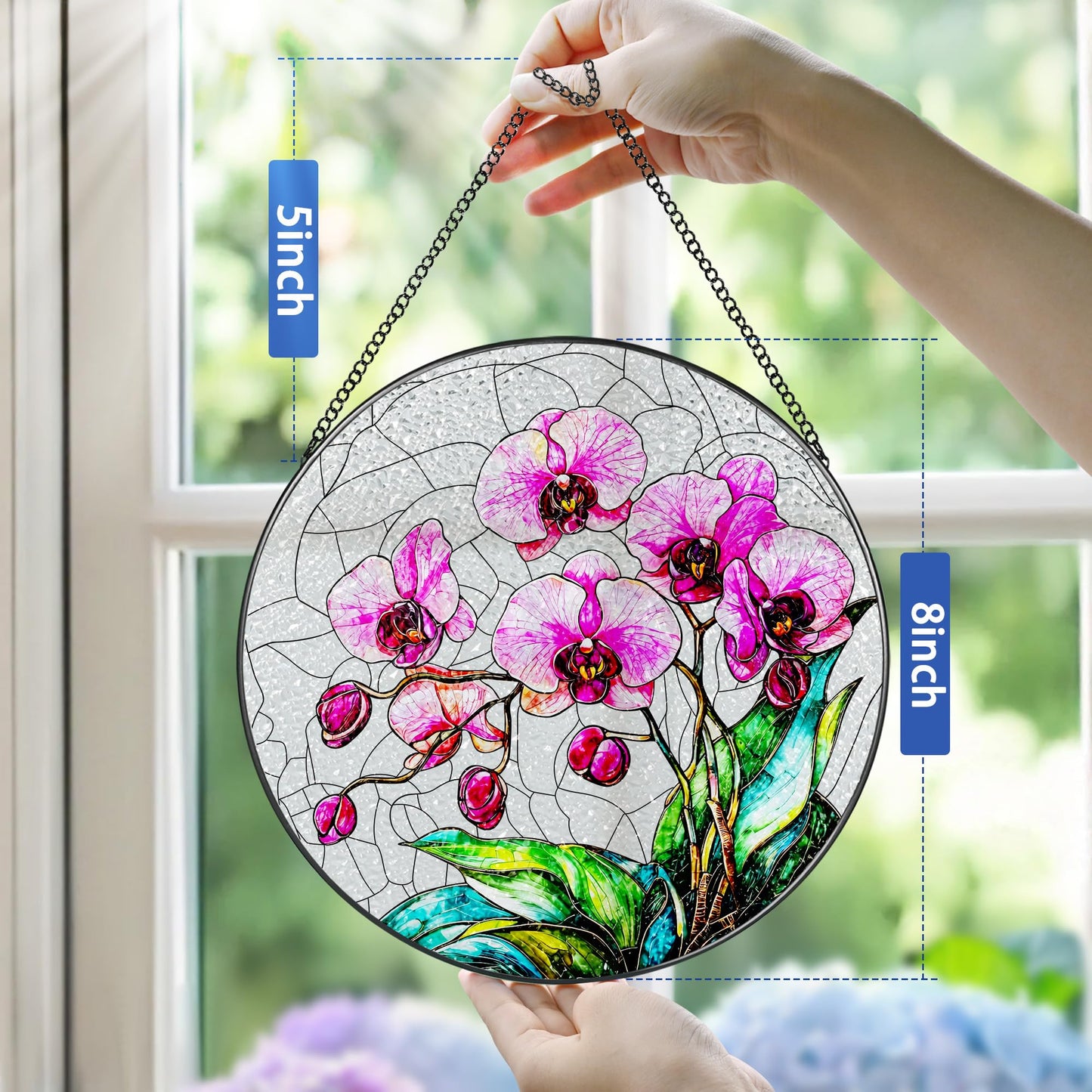 8-Inch Stained Glass Ornament, Stained Glass Window Hanging, Window Hanging Decor Suncatcher, Orchid Flower Ornament | Christmas, Mother's Day, Birthday | Gifts for Mom & Grandma, Flower Lover Gift