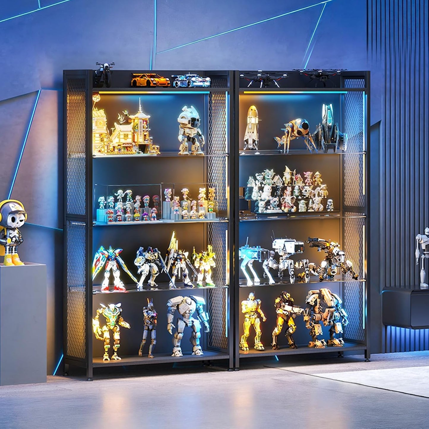 AODK Display Case with LED Lights, Display Cabinet with Glass Storage Shelves and Industrial Metal Mesh, 4-Tier Display Shelf for Collectibles, Curio Cabinet with Open Shelf, Black