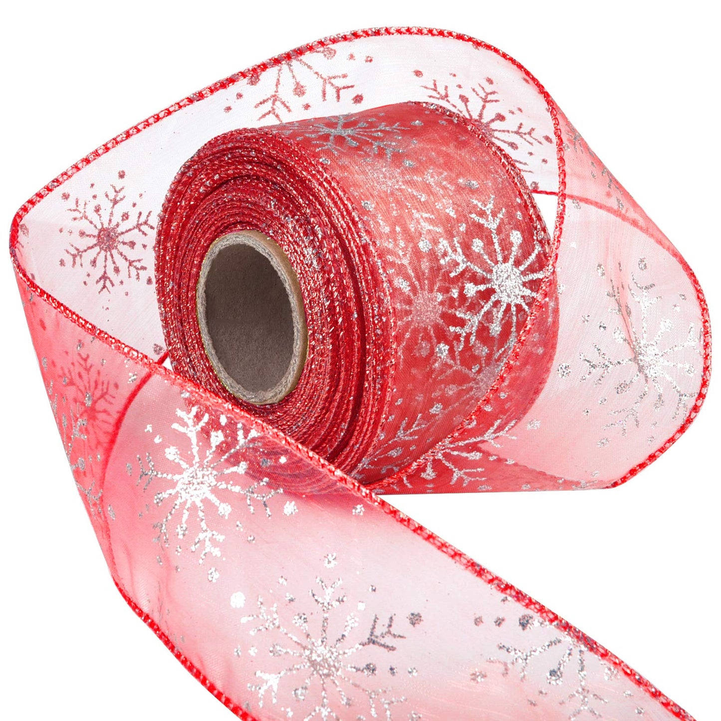 Livder 2.5 Inch Wide Christmas Wired Ribbon Snowflake Organza Sheer Glitter Ribbon for Xmas Tree, Wreath, Party Decoration, Gift Wrapping (Red, 21.9 Yards)
