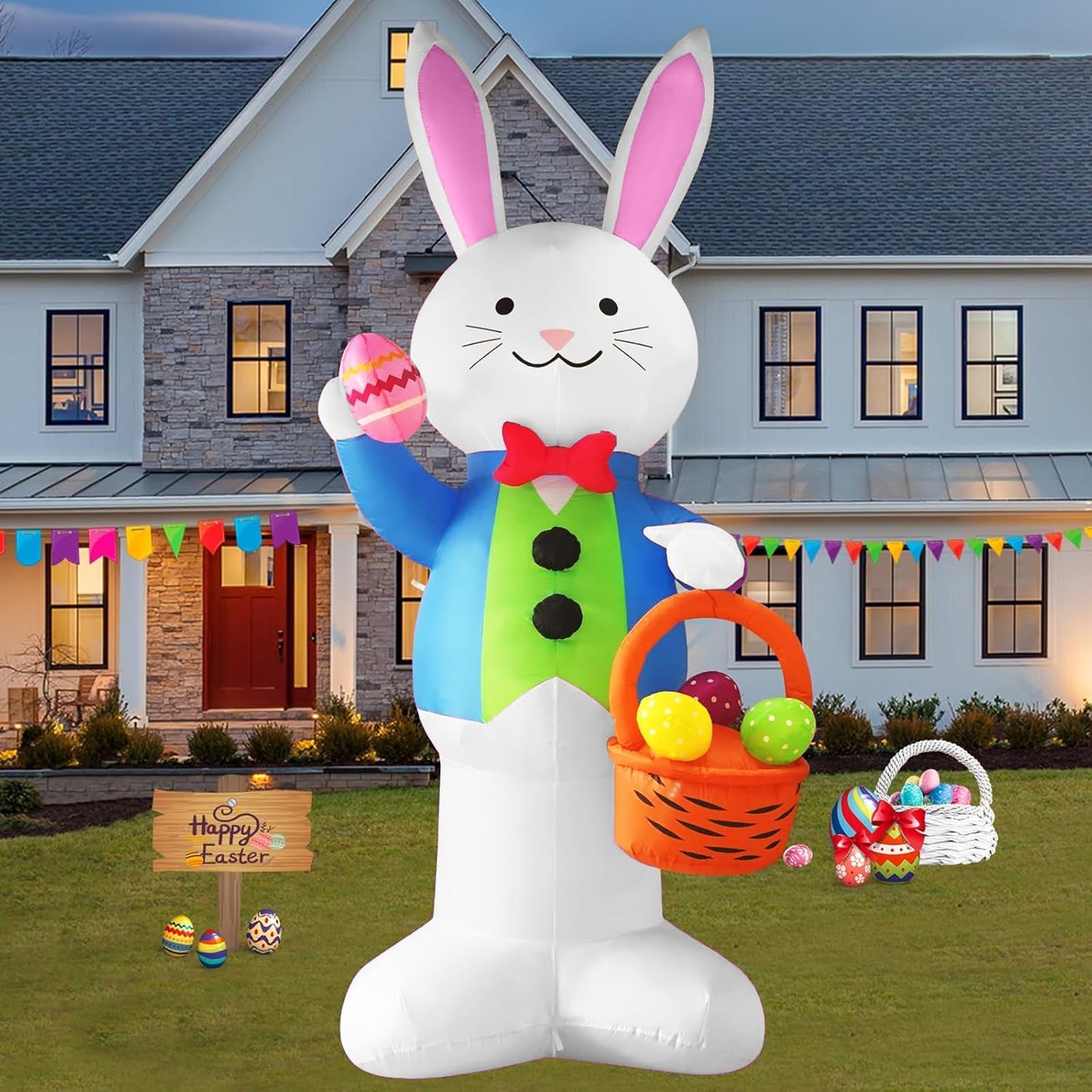 InfleasJoiy 12FT Bunny Basket Easter Inflatable Decoration with Built-in LED Lights for Holiday Celebration Decorations on Yards, Lawns and Patios
