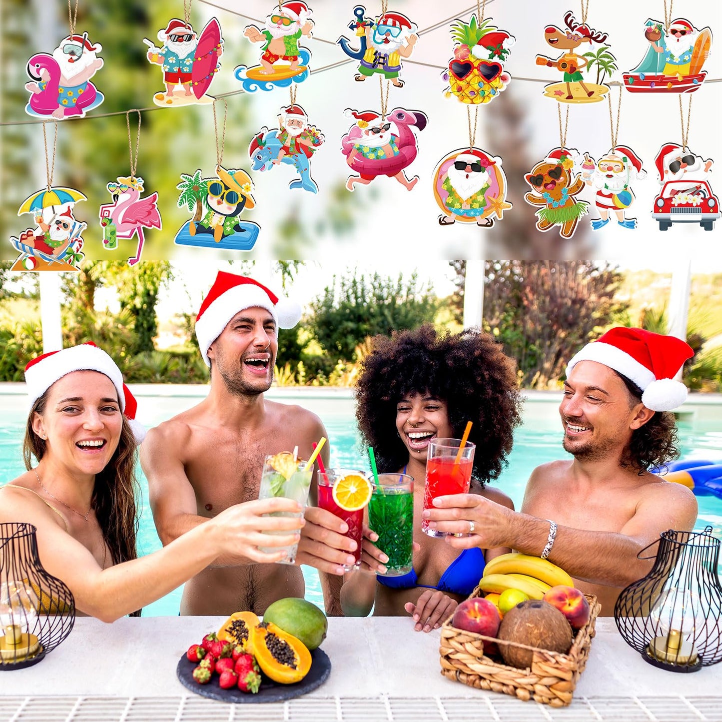 HOWAF 32pcs Hawaiian Christmas Ornaments for Tree, Christmas Decorations Hanging Ornaments Flamingo Santa Claus Wood Cutouts with Rope for Summer Beach Santa Palm Trees Decoration