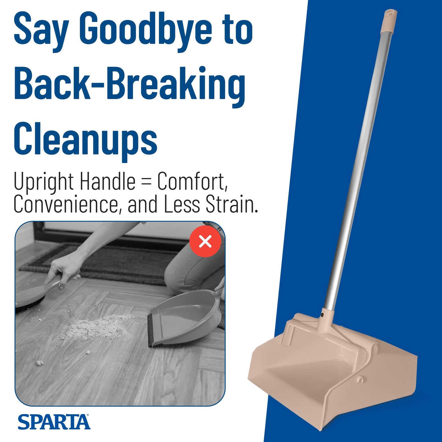 SPARTA Upright Dustpan with Aluminum Handle, Serrated Edge for Broom Combing, Secure Yoke Lock with Easy Storage Hanging Hole for Commercial Cleaning, Plastic, 30 Inches, Tan
