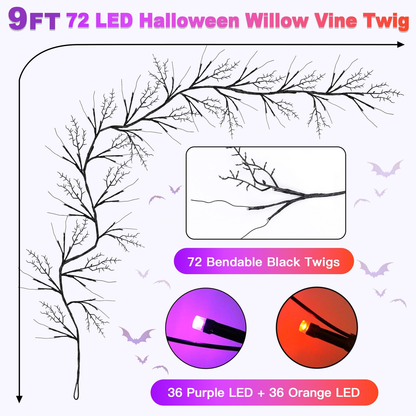9FT 72 LED Willow Vine Twig Decorations Black Halloween Garland with Orange & Purple Light, 8 Modes Battery Operated Halloween Lights Indoor for Mantle Fireplack Table Home Office Room Party Decor