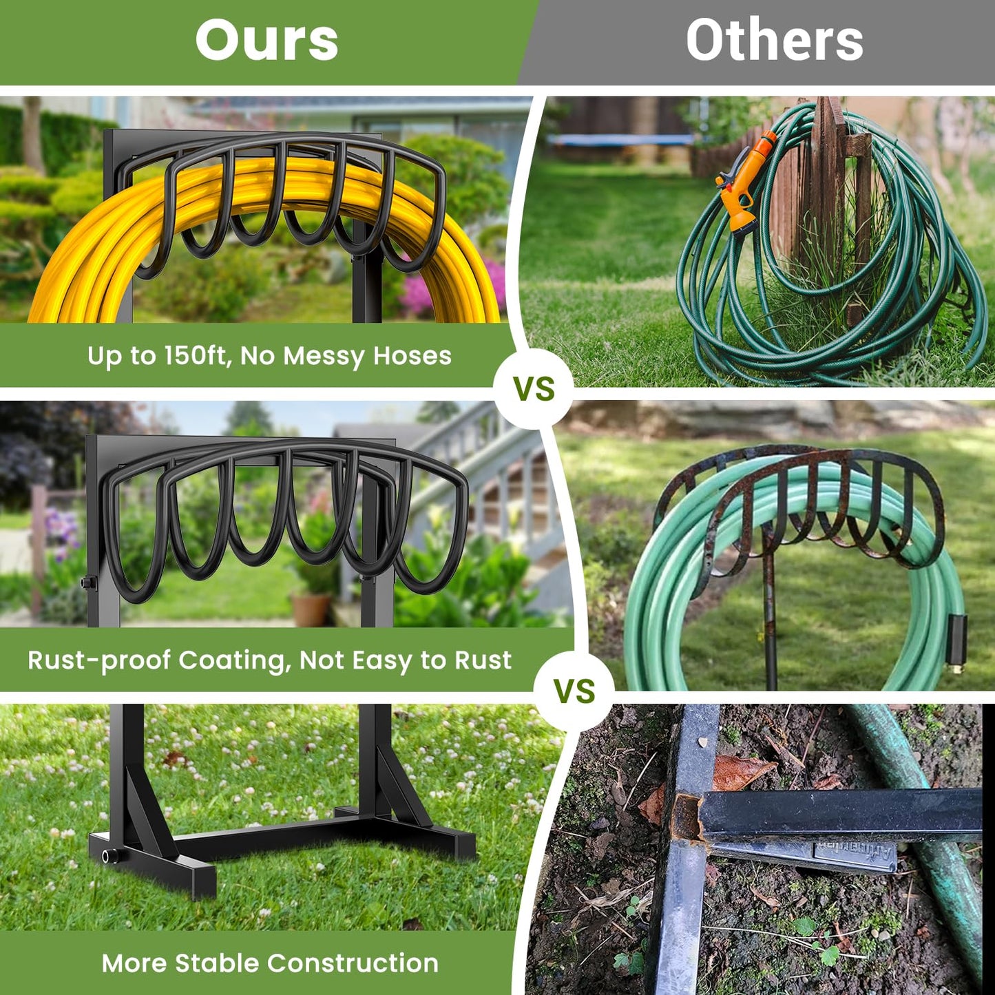 Pattiumo Garden Hose Holder Stand, Heavy Duty Freestanding Metal Hose Holder with 4 Spikes, Hose Reel Alternative Holds up to 150 ft for Yard Lawn Garden Patio