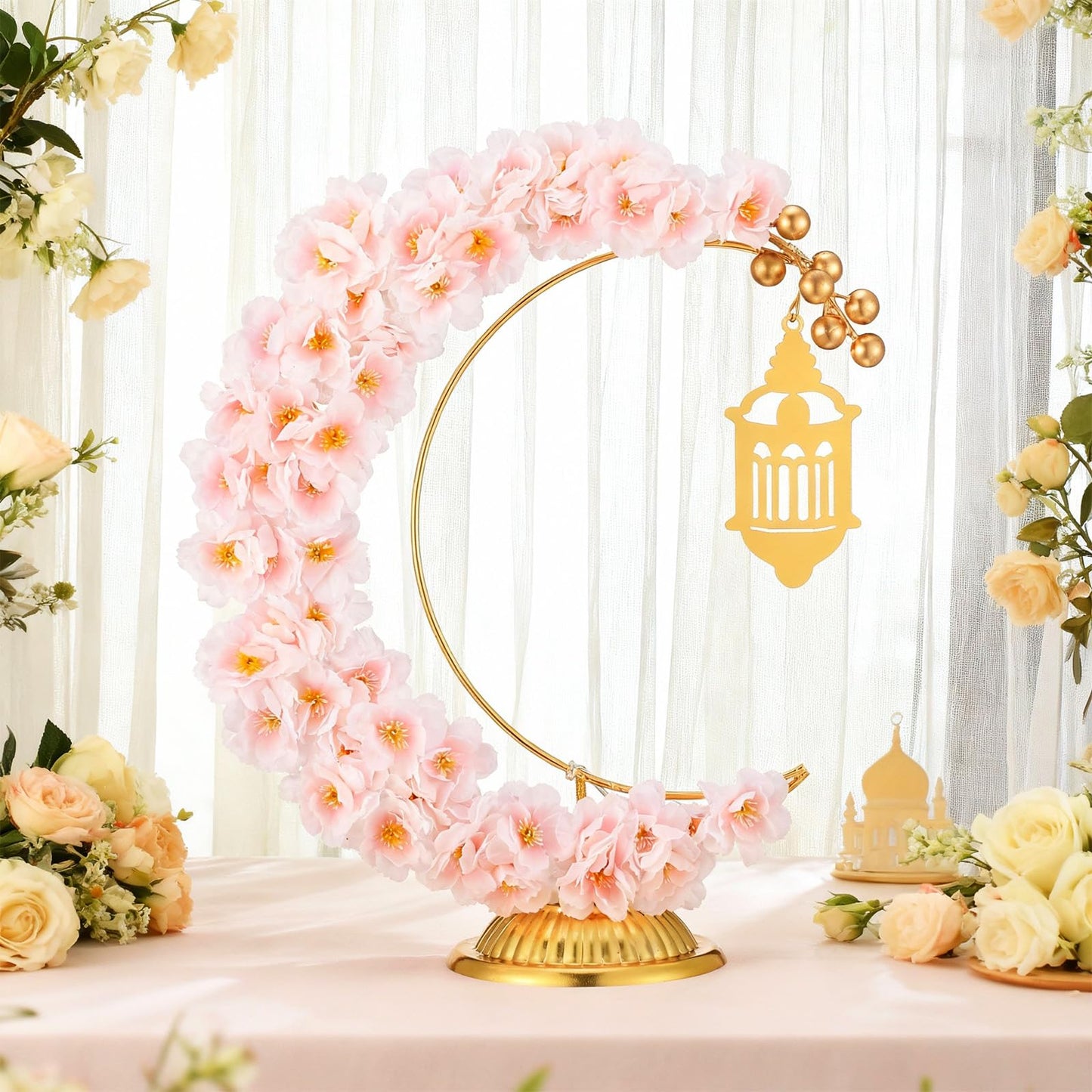 Yookeer Ramadan Decorations Eid Mubarak Table Decor Lighted Moon Shaped Wreaths with Castle for Fireplace Office Bedroom Party Supplies Muslim Party Tabletop Decor Home(Camellia)