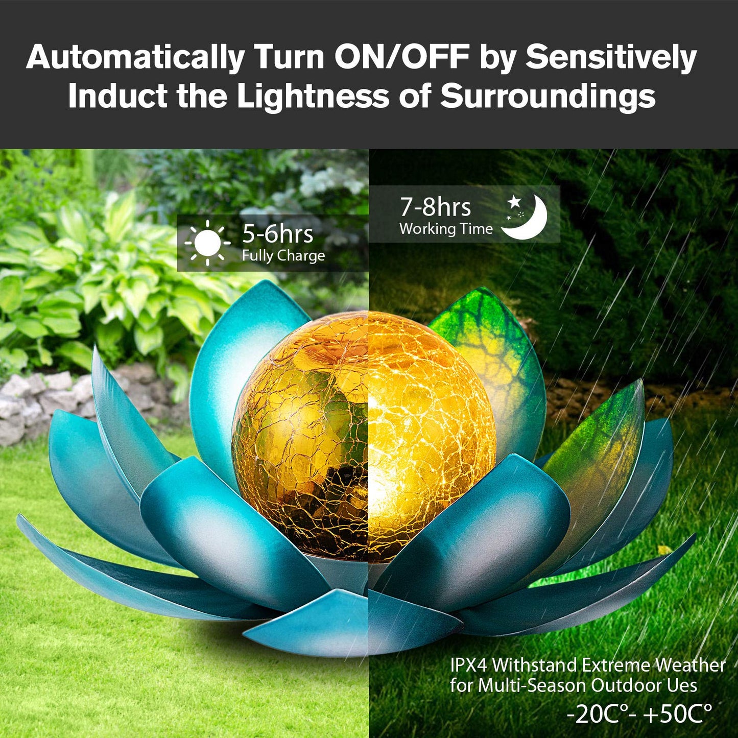 AIINY Solar Light Outdoor(2Pack), Art Crackle Globe Glass Lotus Decoration, Solar LED Waterproof Blue Metal Flower Lights for Patio,Lawn,Walkway,Tabletop
