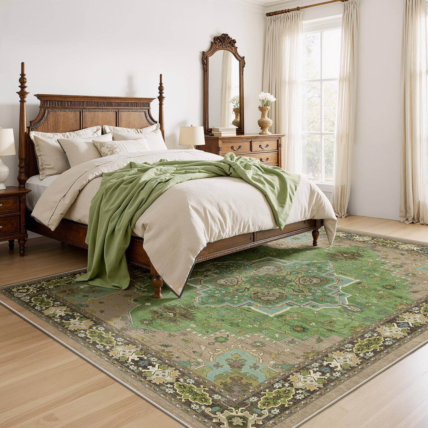 AMADA HOMEFURNISHING 9x12 Area Rug for Living Room, Vintage Washable Area Rug Low-Pile & Non-Slip Carpet for Bedroom Dining Room Nursery Home Office, Green