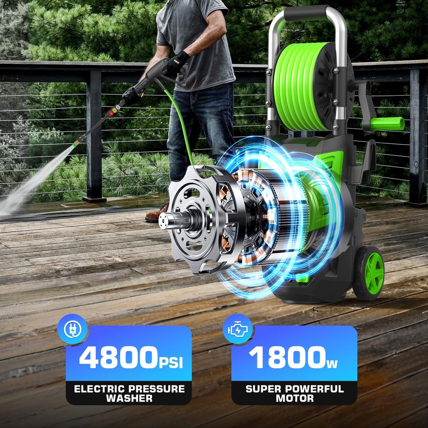 4800PSI Electric Pressure Washer- 3.8GPM High Power Washer with 33FT Hose Reel, 4 Spray Tips and Soap Bottle for Car Washing, Fence Cleaning, Patio Maintenance（Upgraded） (Green)