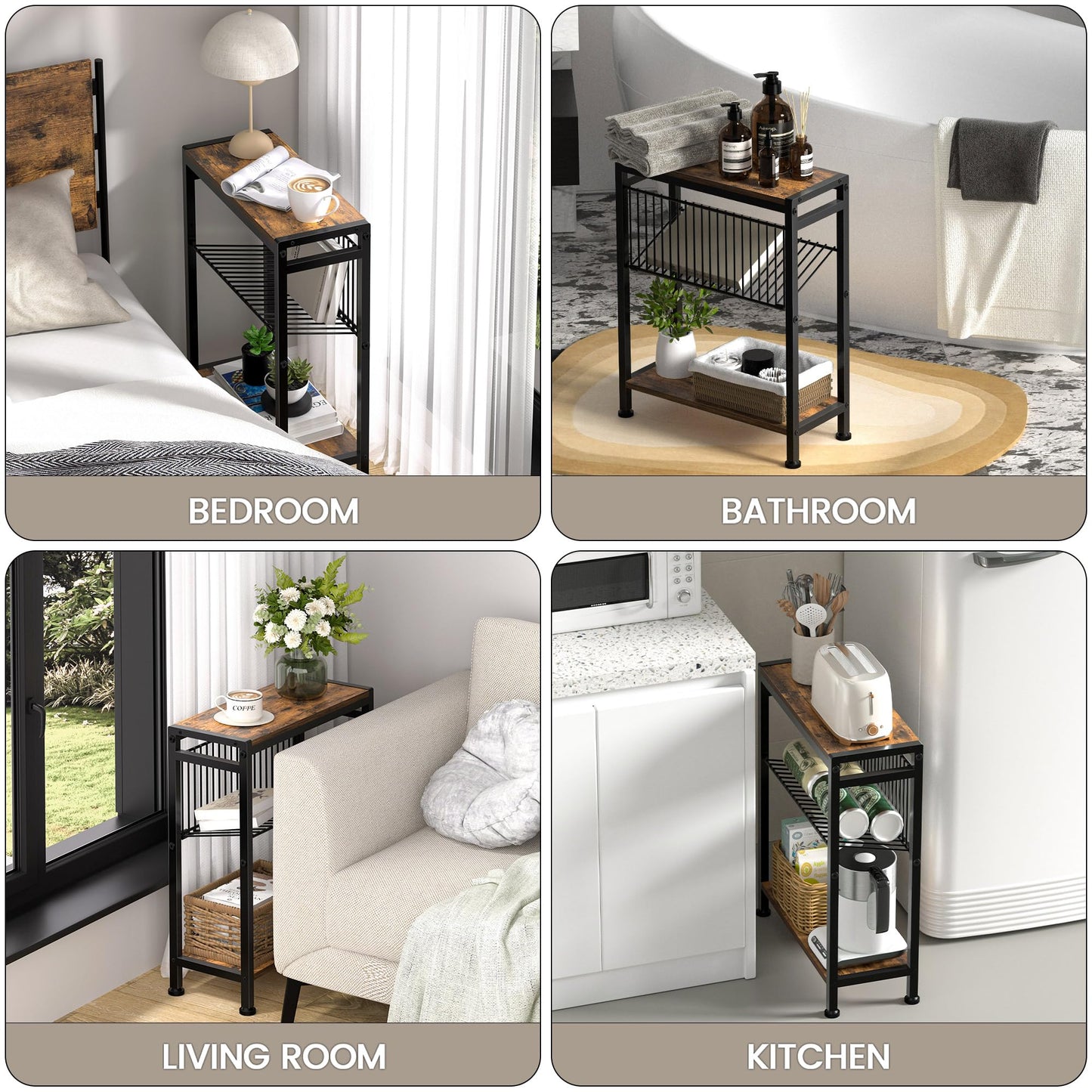 Homedawn Small Side Table for Small Space, 3-Tier Narrow End Table with Magazine Holder,Slim Nightstand, Skinny Snack Couch Table in Living Room, Bedroom Study and Balcony (Rustic Brown &Black)